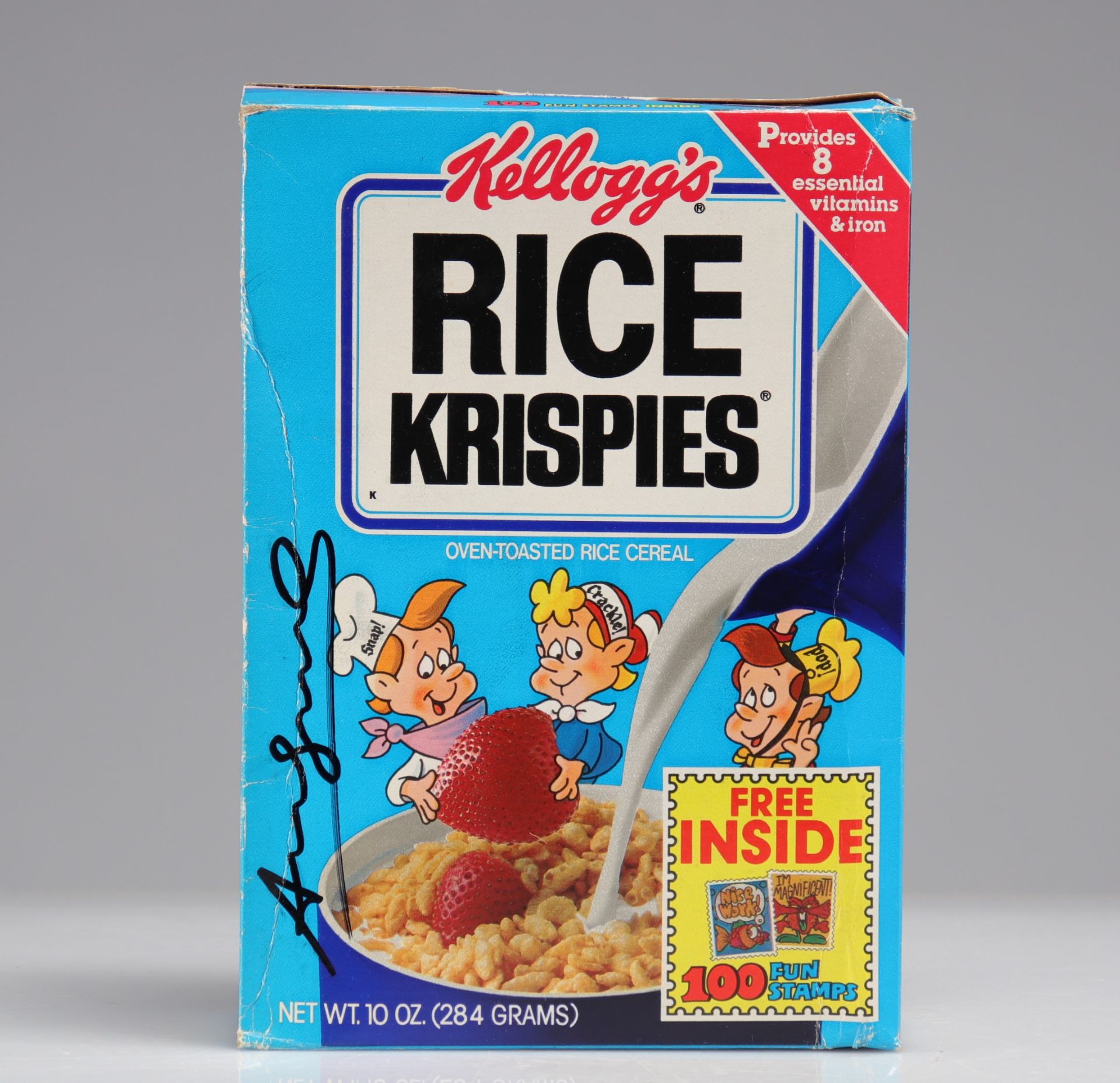 Andy Warhol. â€œAndy Warholâ€ felt pen signature on a box of â€œKellogg's Rice Krispiesâ€.