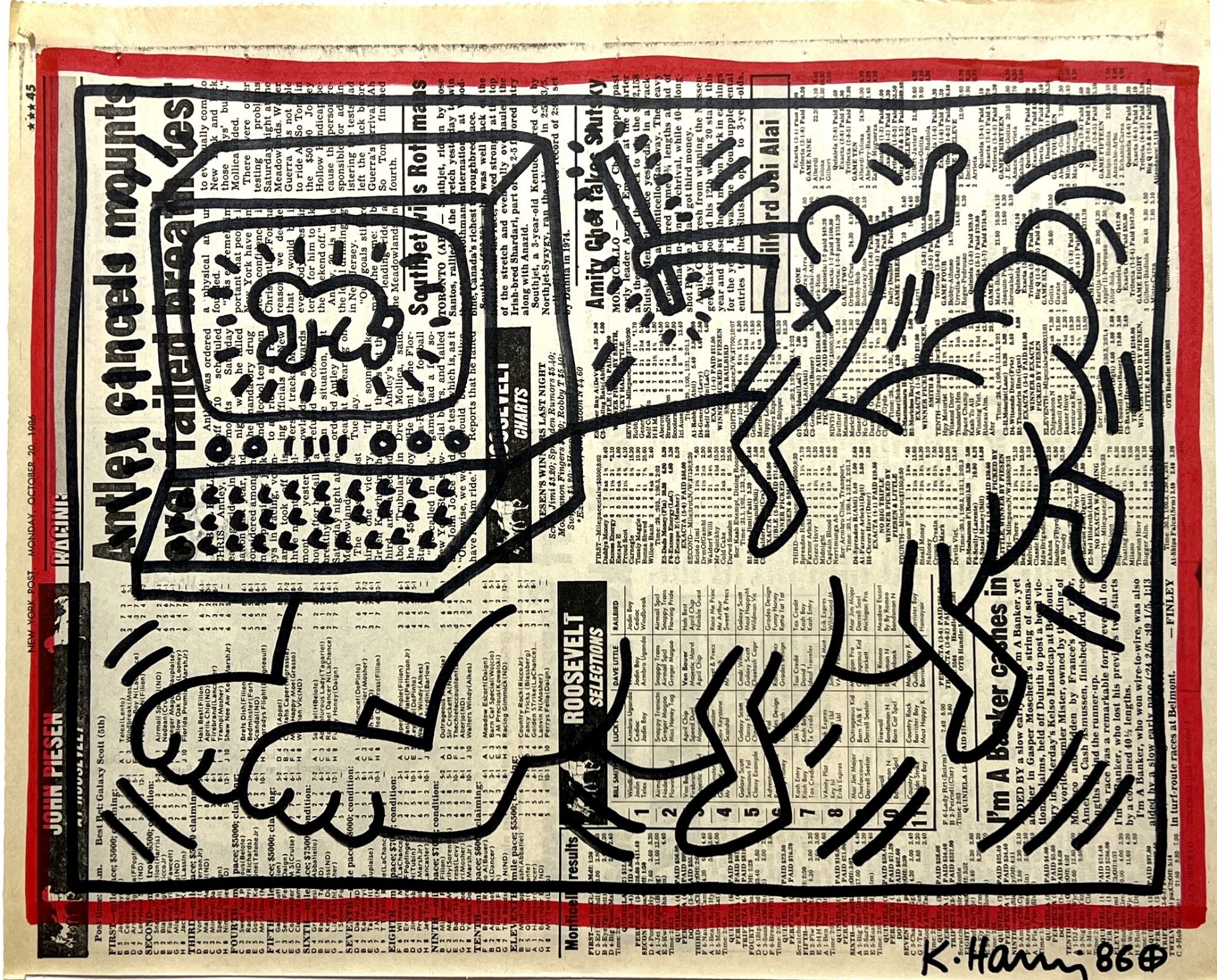 Keith Haring. Original drawing in marker on a newspaper page from the New York Post of Monday, Octob