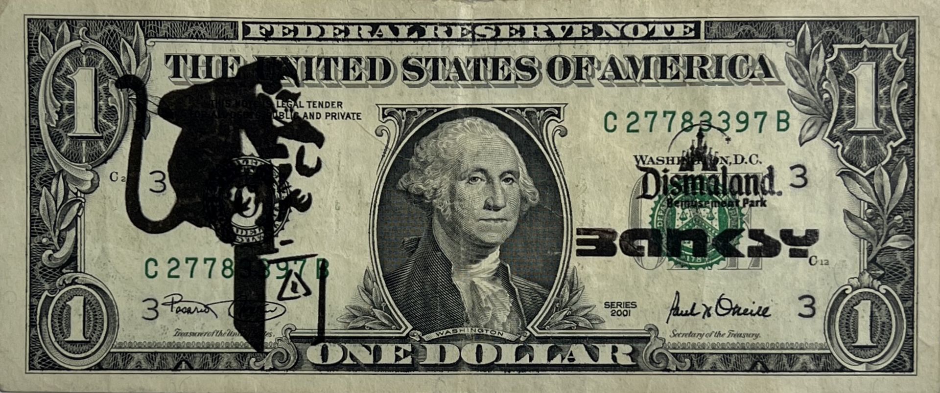 Banksy. â€œBomb Monkeyâ€. 2015. Ink stencil on a real one dollar banknote from â€œThe United States