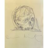 Damien Hirst. Skull. Black pen drawing of a skull on yellow paper. Signed "Damien Hirst".