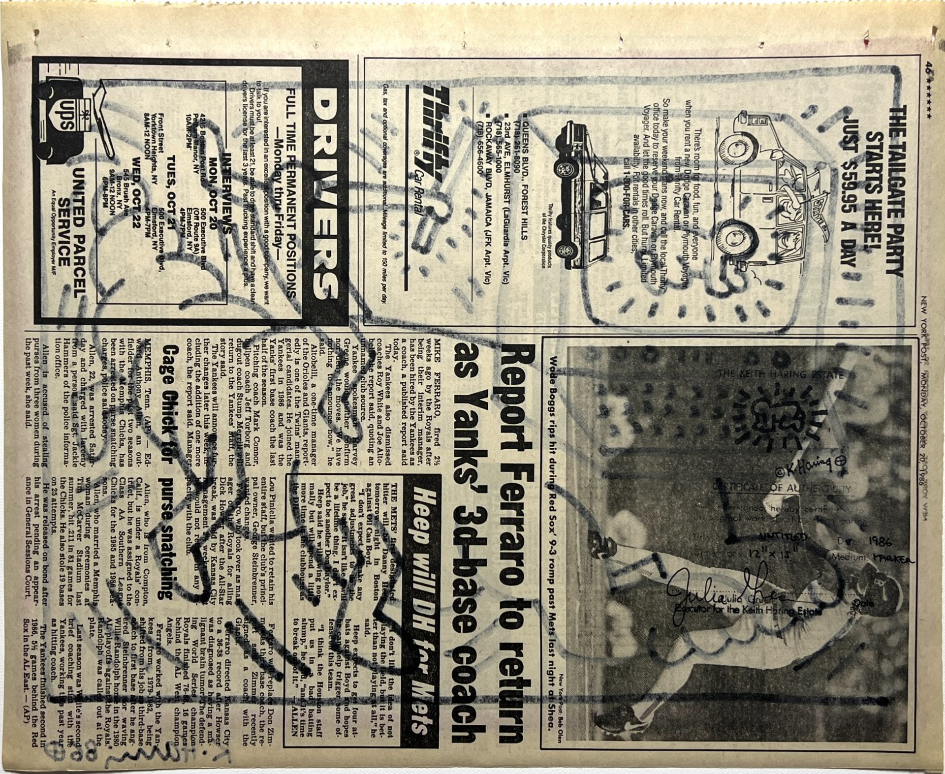 Keith Haring. Original drawing in marker on a newspaper page from the New York Post of Monday, Octob - Bild 2 aus 3