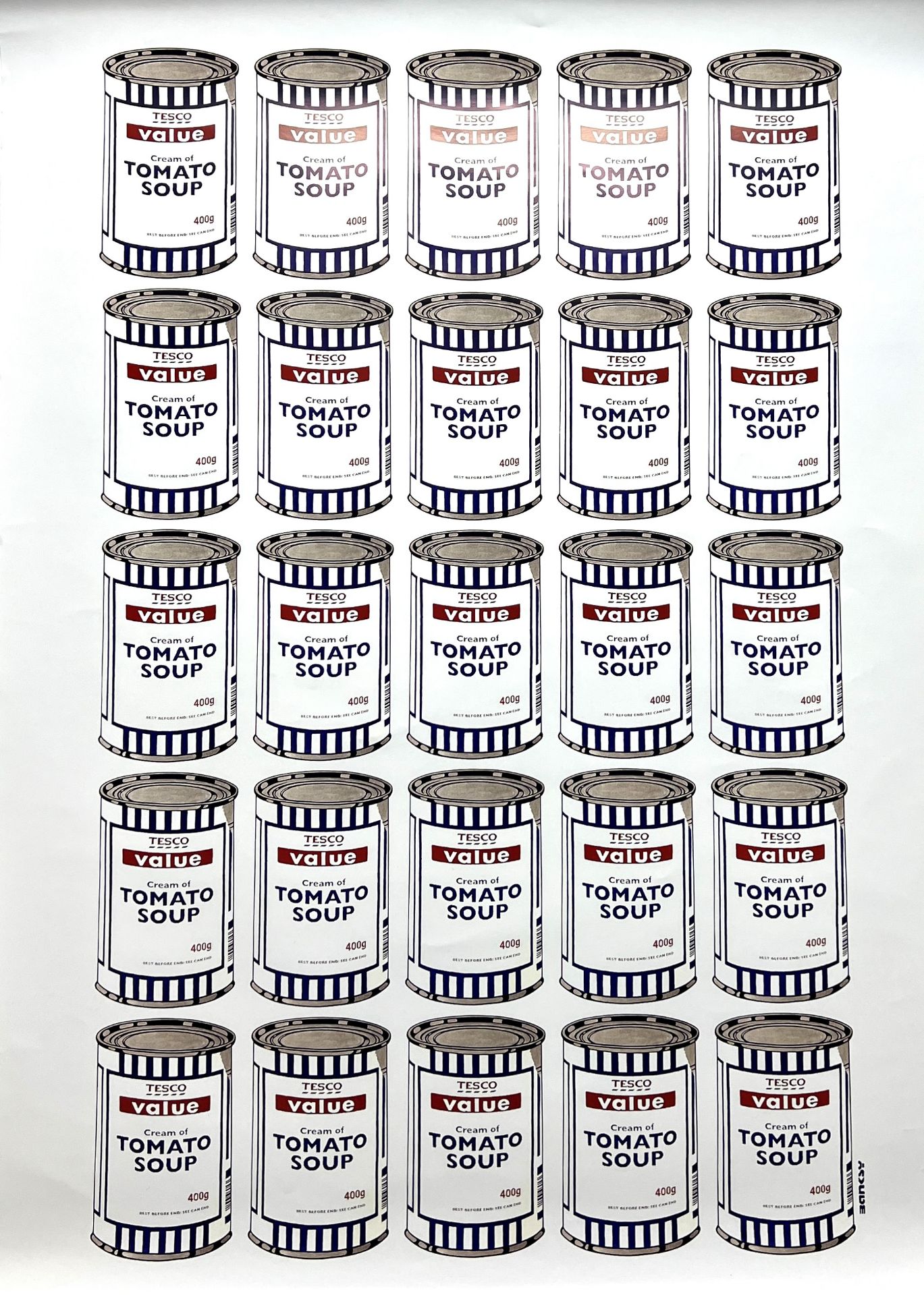 Banksy. â€œTesco Value Cream of Tomato Soup Cansâ€, Tribute to Andy Warhol. Circa 2006. Offset prin