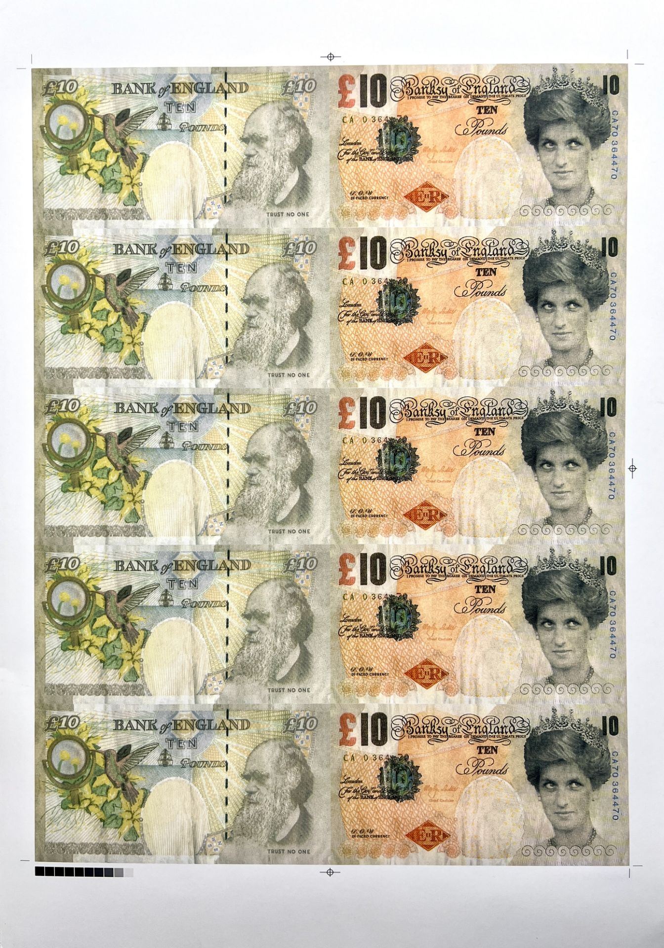 Banksy. Double-sided color printing test sheet on paper showing a 10-pound banknote with the effigy