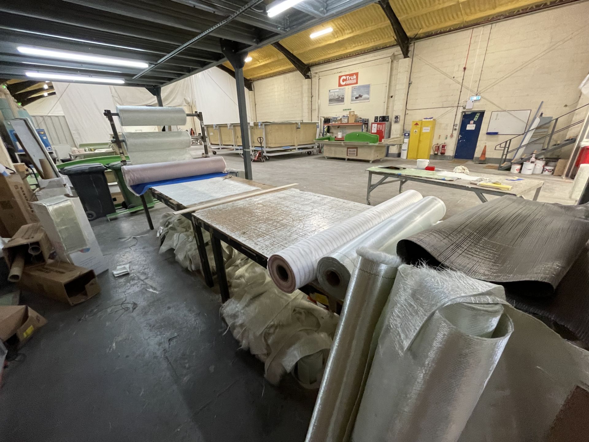 Steel Framed Cutting Table with Quantity of Various Part-Used Fiberglass Rolls - Image 3 of 6