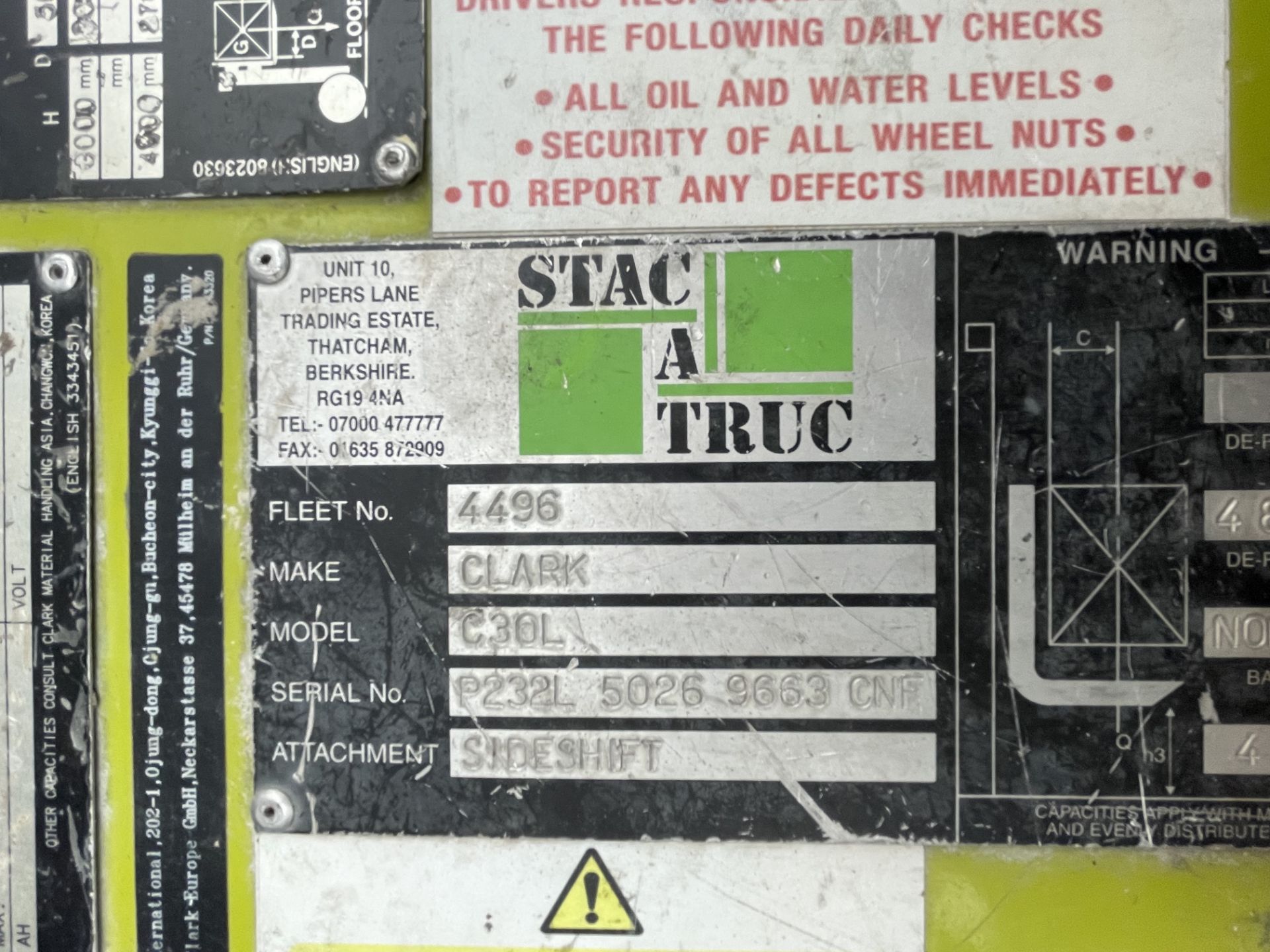 2013 Clark Model C30L 3000Kg Capacity Sideshift LPG Forklift S/No. 232L50269663CNF, Odometer - Image 8 of 11