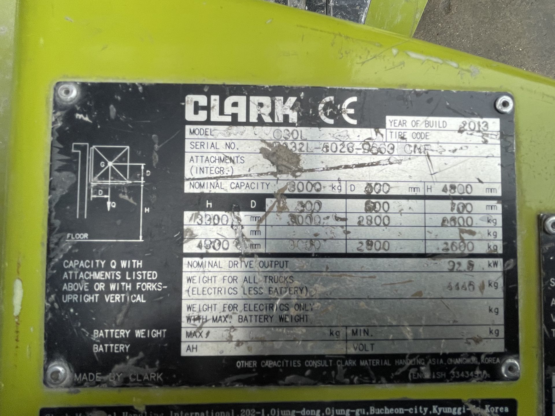 2013 Clark Model C30L 3000Kg Capacity Sideshift LPG Forklift S/No. 232L50269663CNF, Odometer - Image 7 of 11