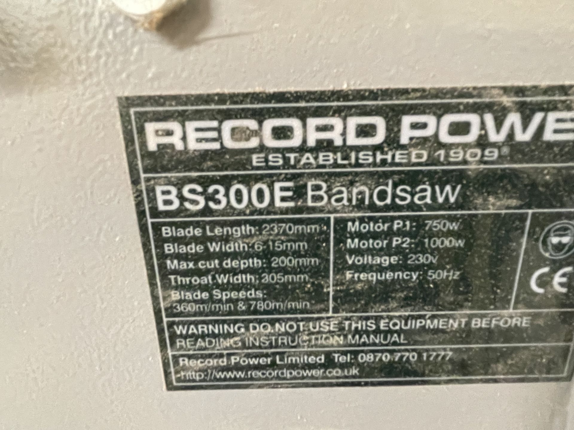 Record Power Model BS300E 2350/6-15mm Blade Bandsaw S/No.14010612037 - Image 3 of 4