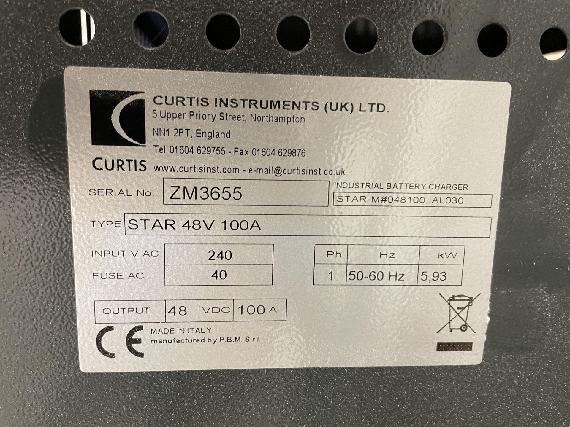 Curtis Concerto Model STAR 48V 100A Industrial Battery Charger S/No. ZM3655, 240V - Image 2 of 2