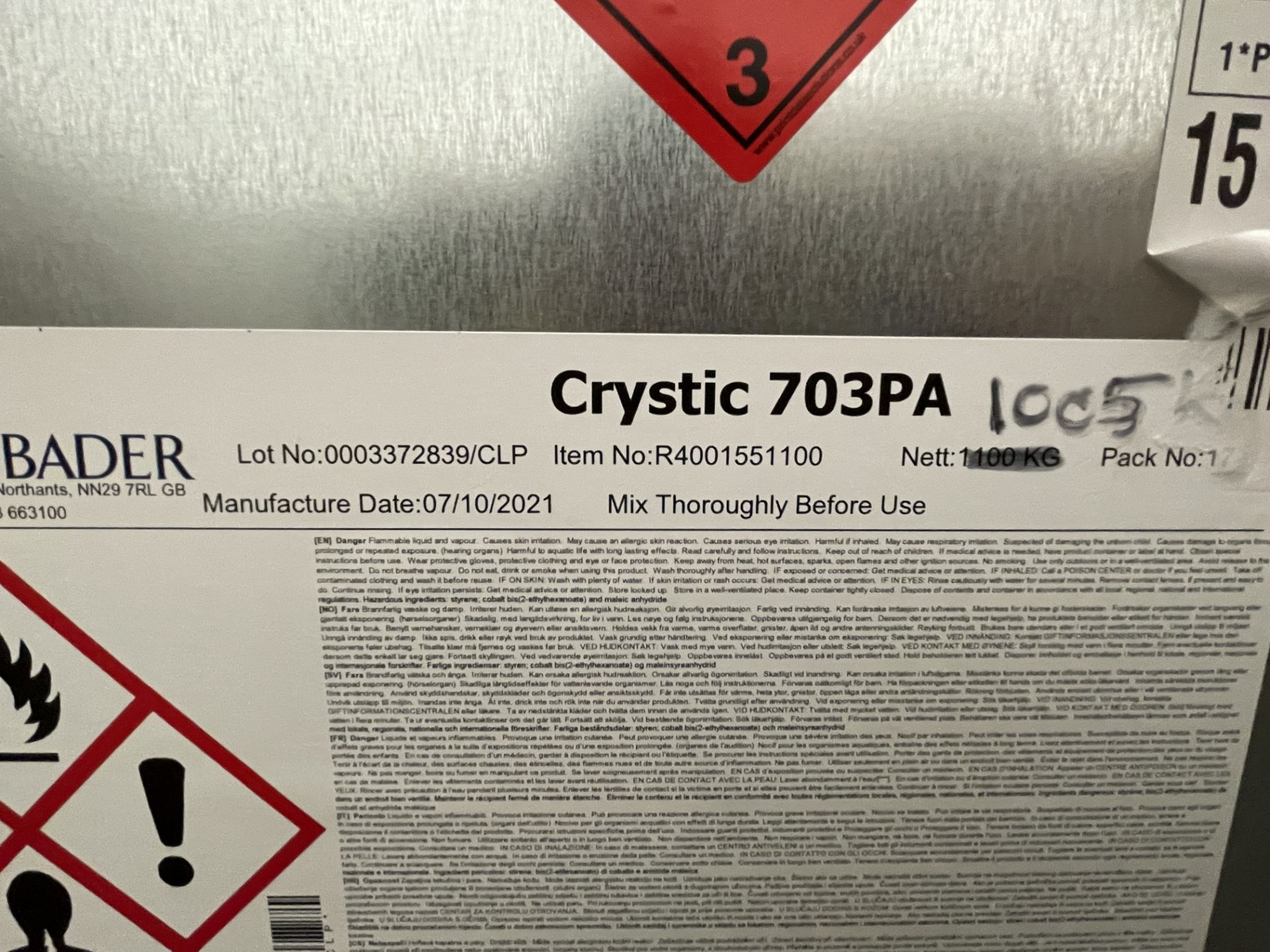 1000L IBC of Crystic 703PA Polyester Resin, Date of Manufacture: 07/10/2021, Lot No. 0003372839/CLP - Image 2 of 3