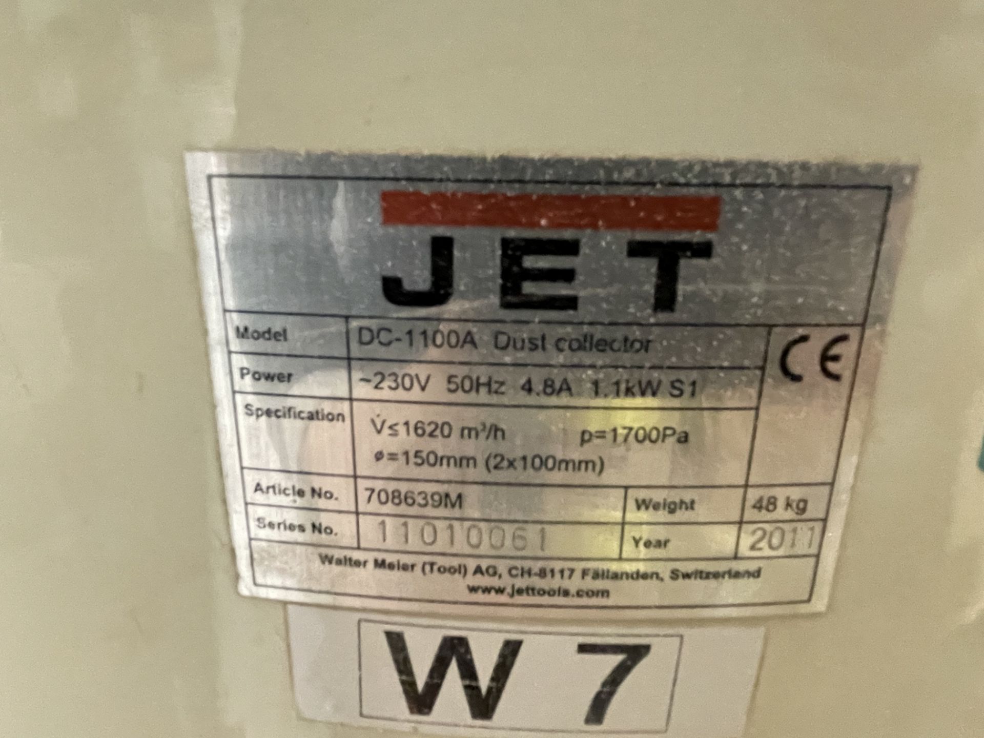 2011 JET DC-1100A Vortex Cone Single Bag Dust Collector S/No. 11010061, 240v - Image 3 of 6