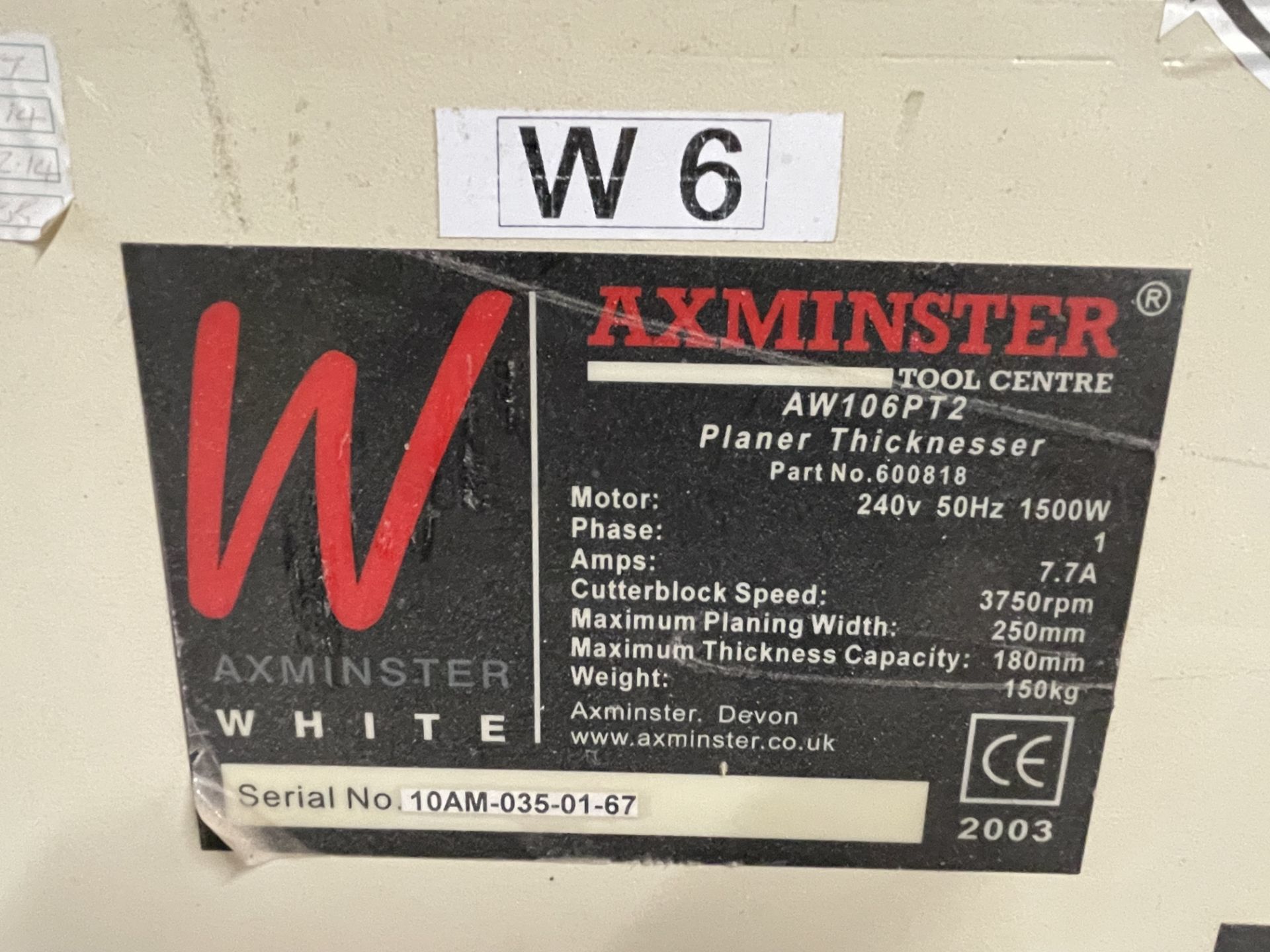 2003 Axminster White Series AW106PT2 250x180mm Max Capacity Planer Thicknesser S/No. 10AM-035-01067, - Image 5 of 5