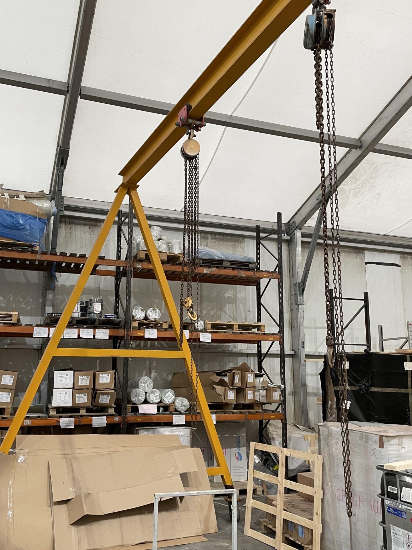 Mobile Steel A-Frame Gantry, c. 6.5M Width x 4.5M Height, with 2x Roller Chain Hoists - Image 4 of 8