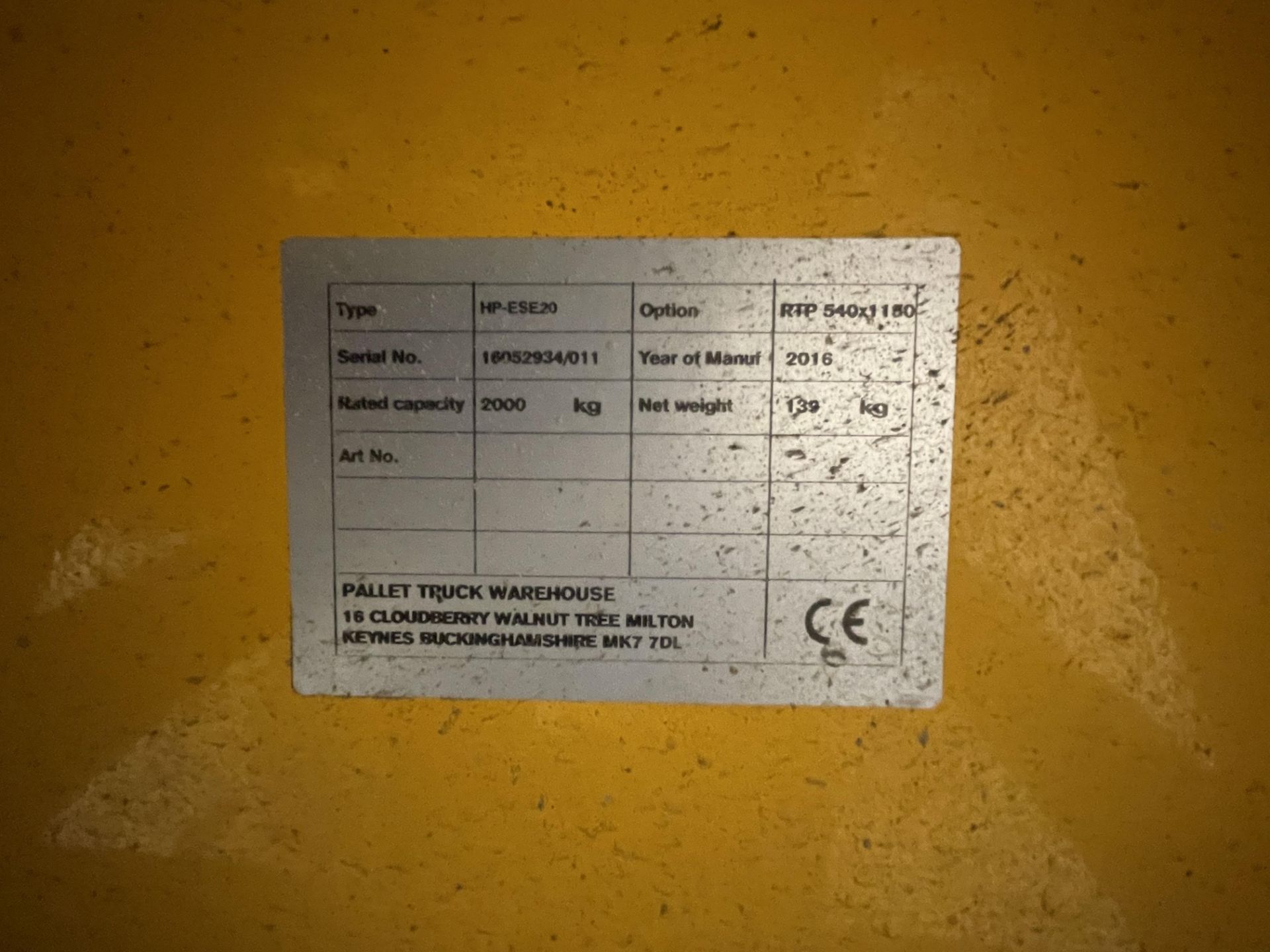 2016 2000kg Capacity HP-ESE20 Pallet Truck S/No. 16052934/011 - Image 2 of 3