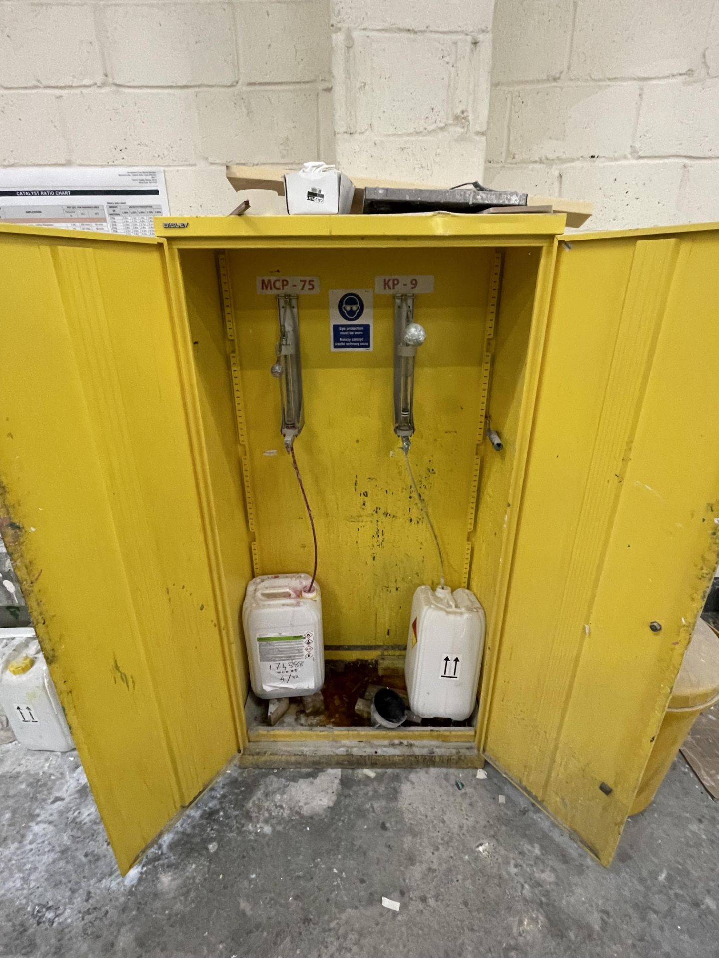 Bisley Yellow Chemical Storage Cabinet with 2x Installed Hand Pumps