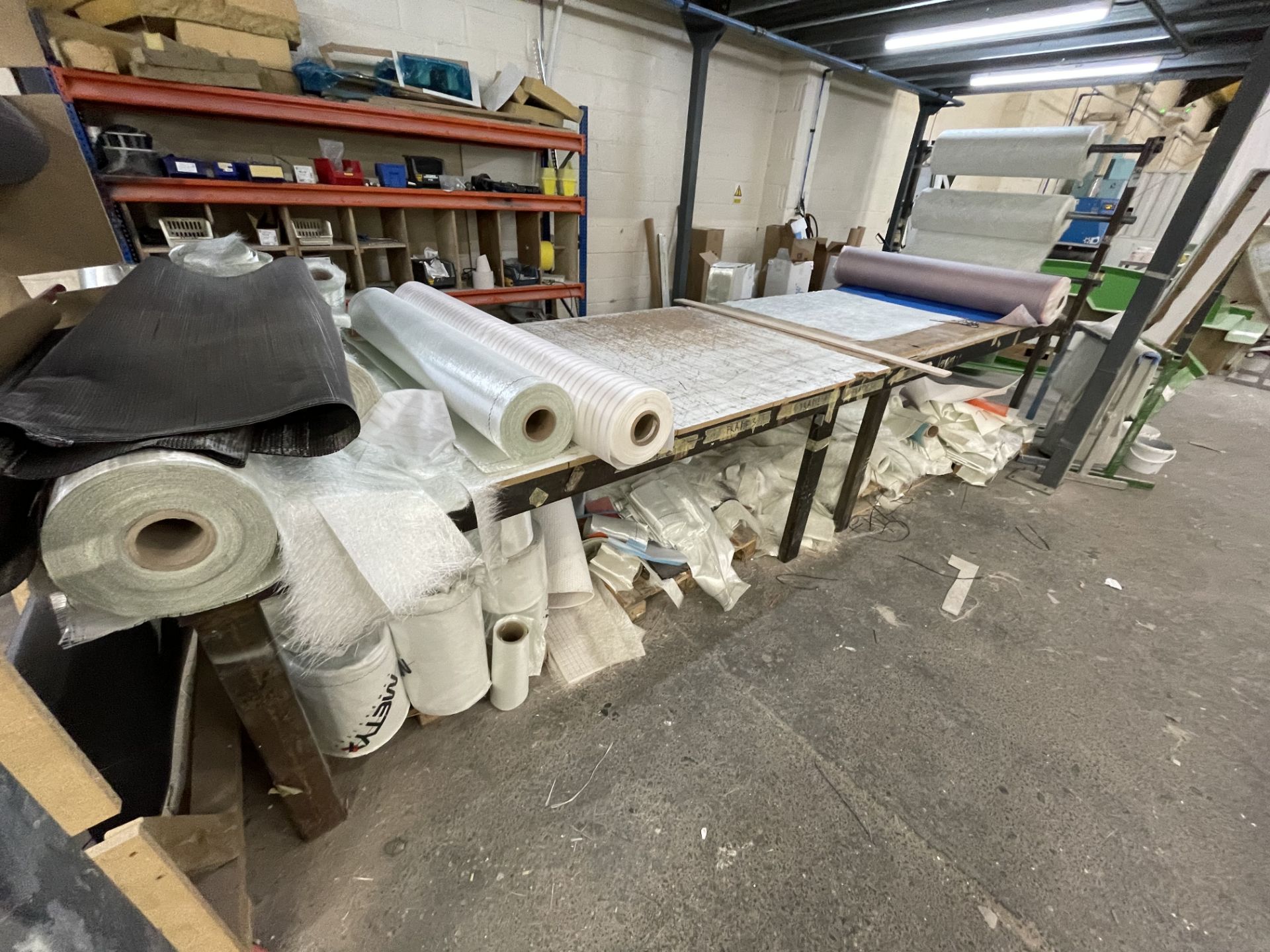 Steel Framed Cutting Table with Quantity of Various Part-Used Fiberglass Rolls - Image 5 of 6