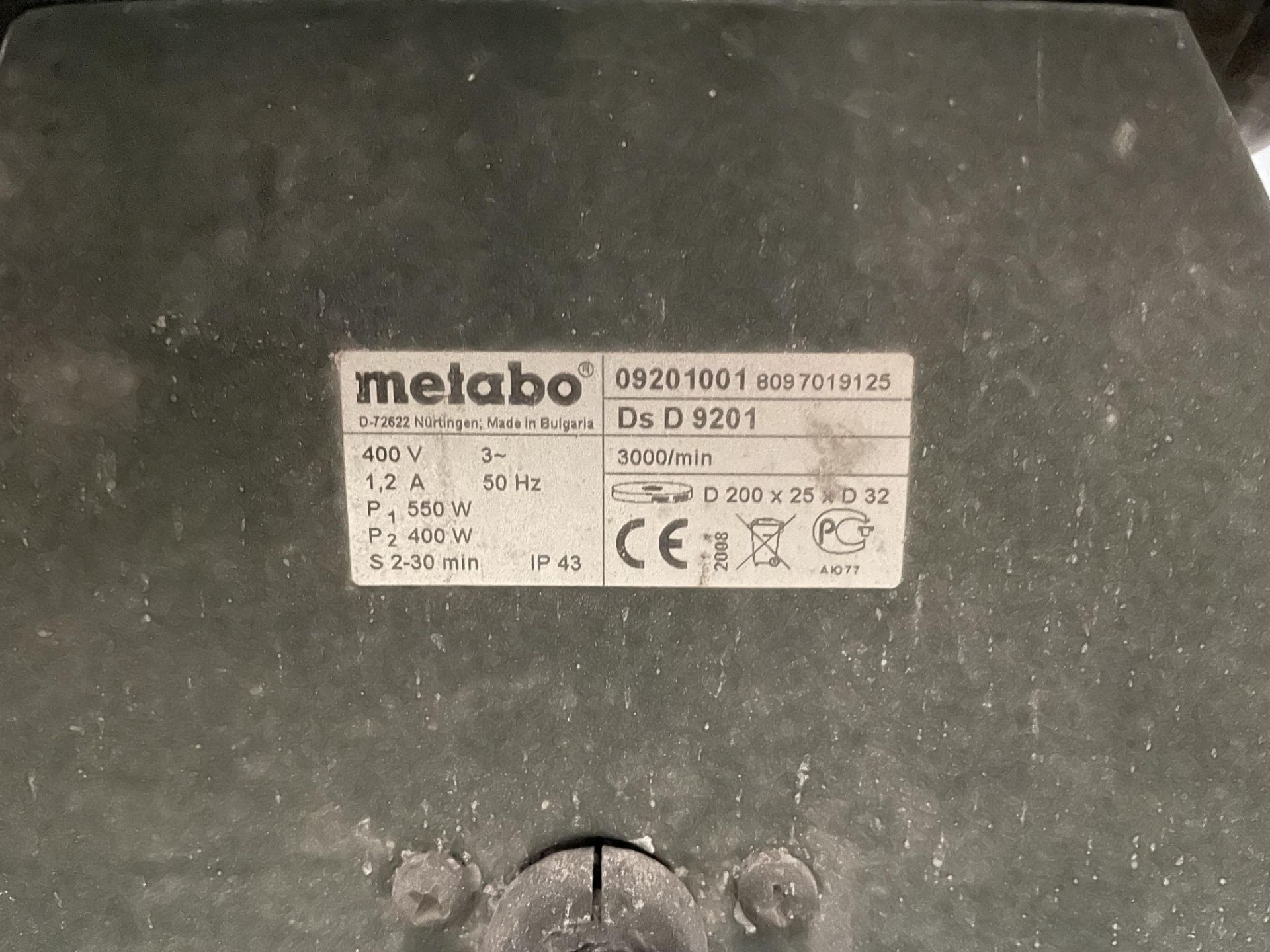 Metabo DS D 9201 Double Grinder on Metal Base S/No. 09201001, 3-Phase - Image 3 of 3