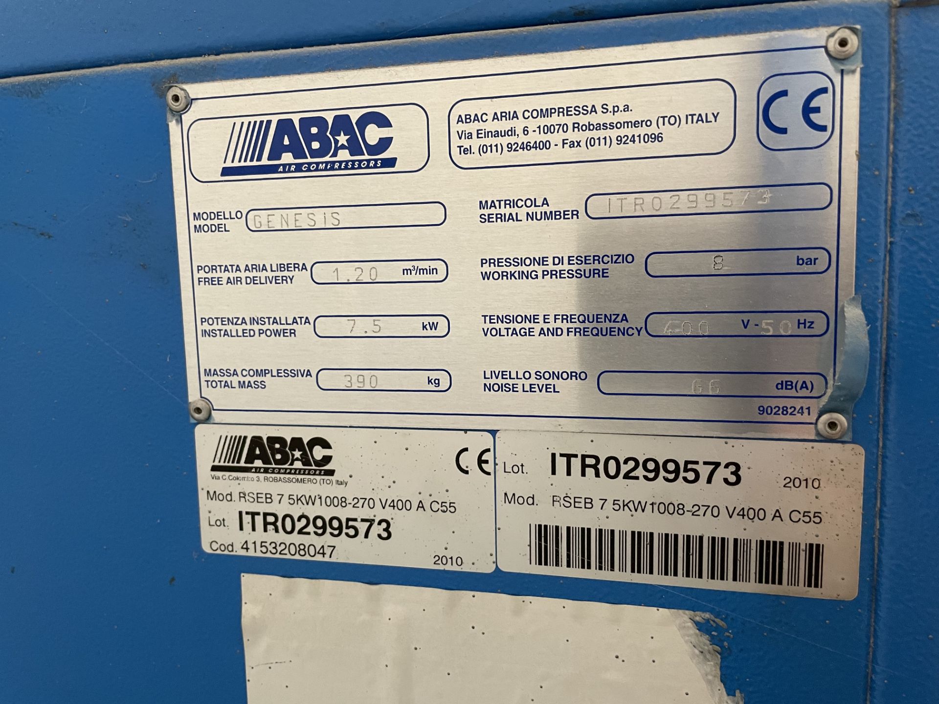 2010 ABAC Genesis 7.5kW 8-Bar Air Compressor S/No. ITR0299573, 3-Phase - Image 3 of 5