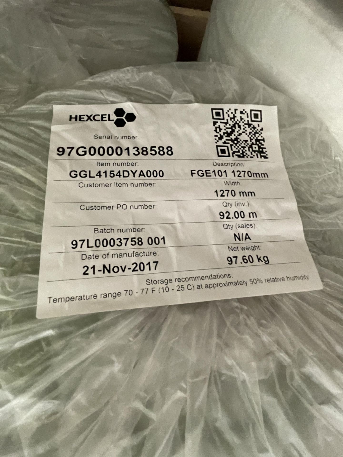 6x Rolls of Hexcel FGE101 1270mm Width, Date of Manufacture: 21-Nov-2017 Batch No. 97L0003758001 - Image 3 of 3