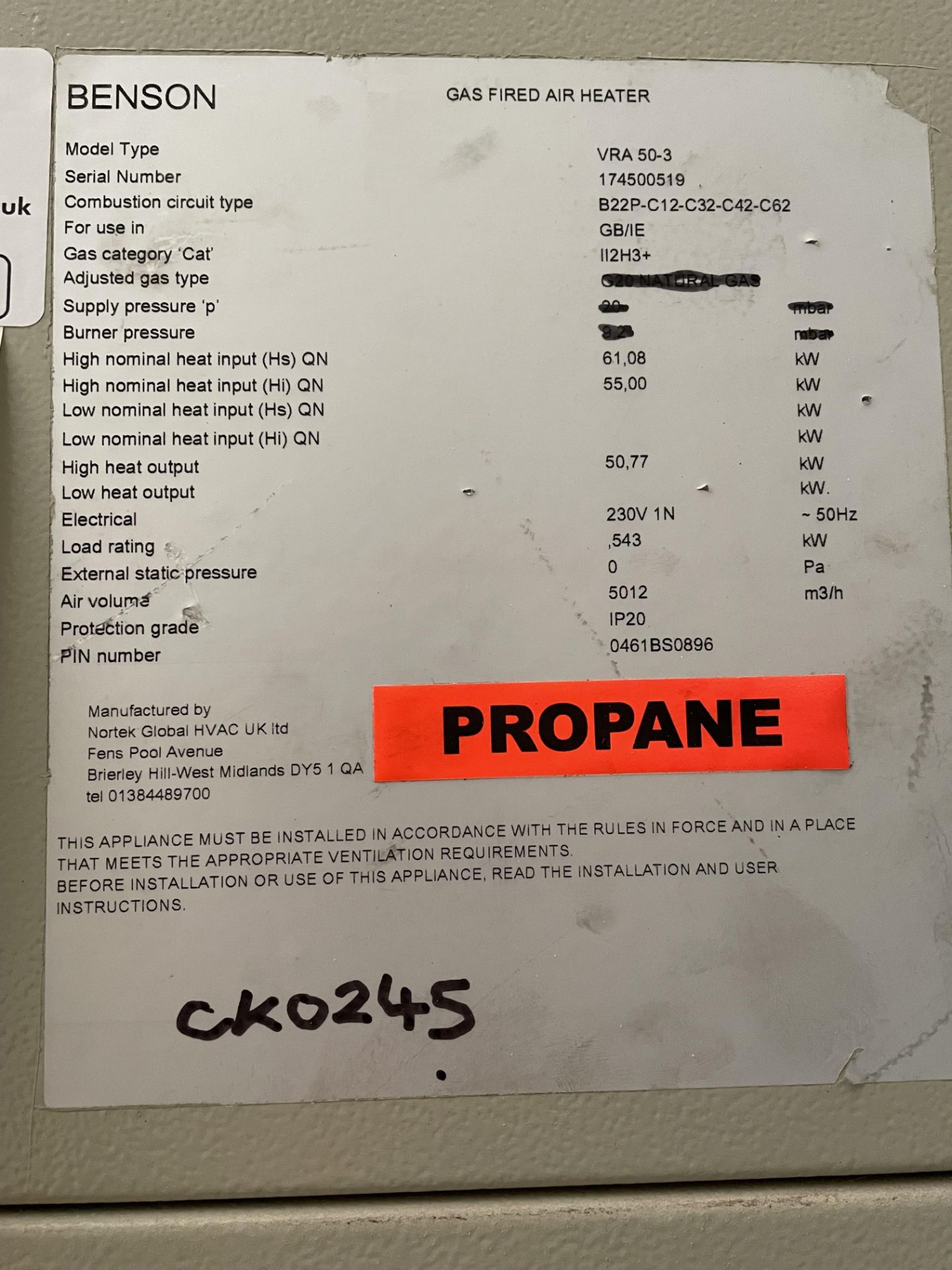 Benson Model VRO 50-3 Propane Gas Fired Air Heater S/No. 174500519 Suspended on Metal Frame - Image 3 of 4