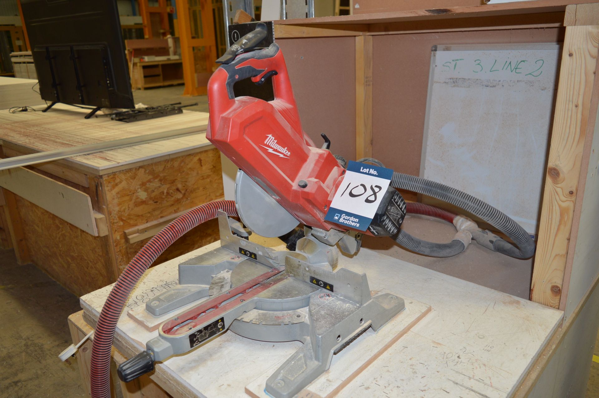 Milwaukee, mitre saw, Model MS216SB, Serial No. 03017A2014, 110v with timber bench