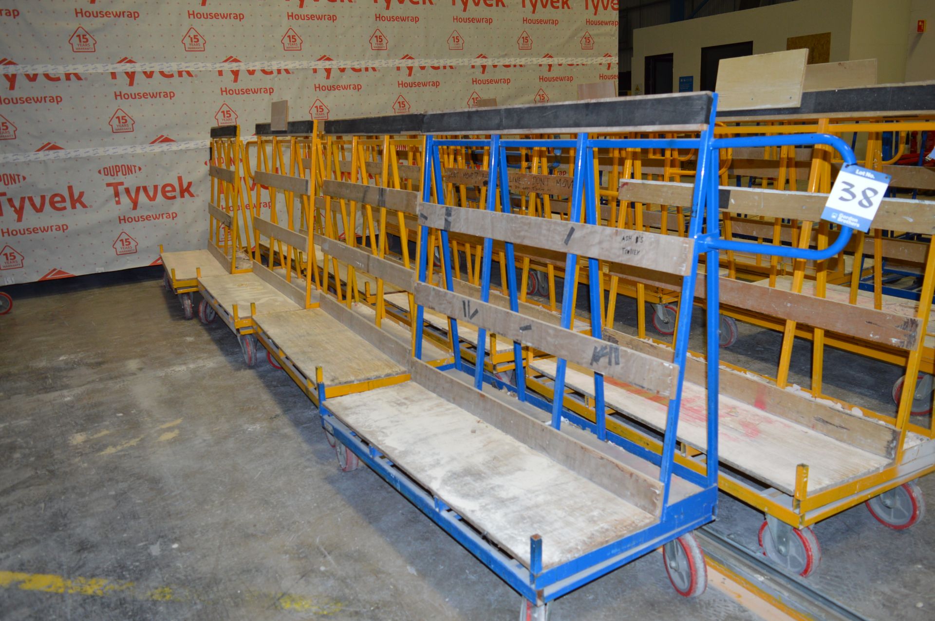 4x (no.) single sided workshop trolleys, each 1500mm x 700mm x 1500mm high
