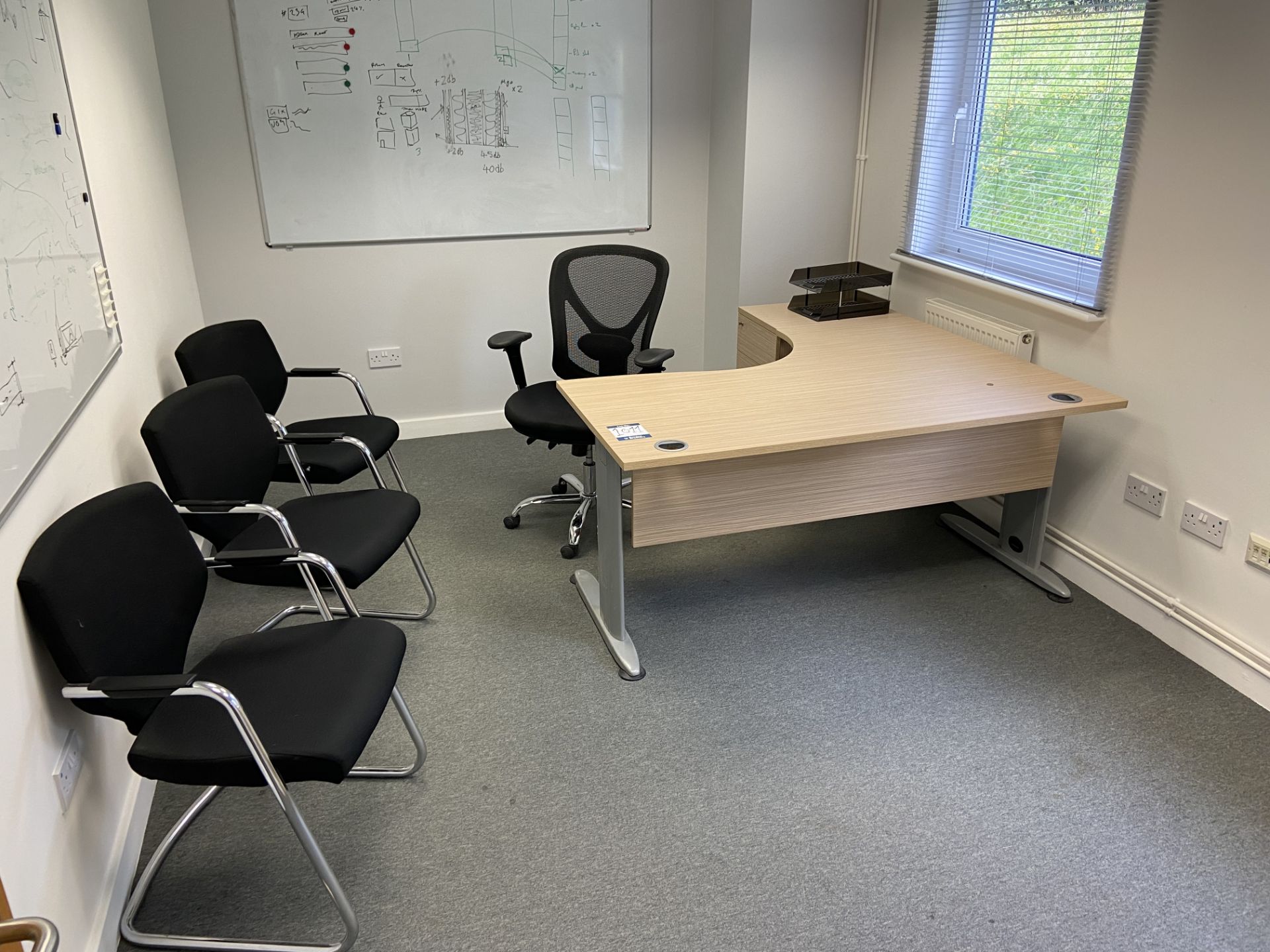 Lot comprisng: one corner desk, one 3 drawer high pedestal, one office chair, 3 meeting room