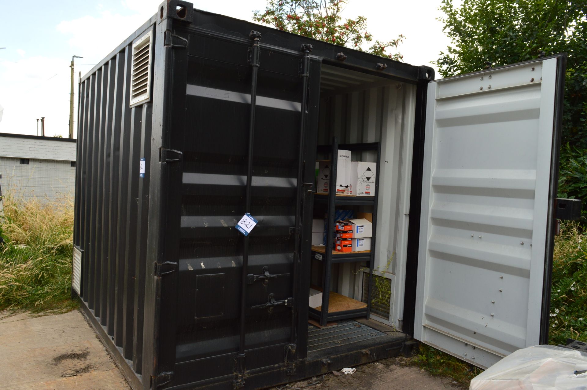 Steel storage container, 12' x 8' x 8'6" and 3x (no.) steel racks (RESERVE COLLECTION)