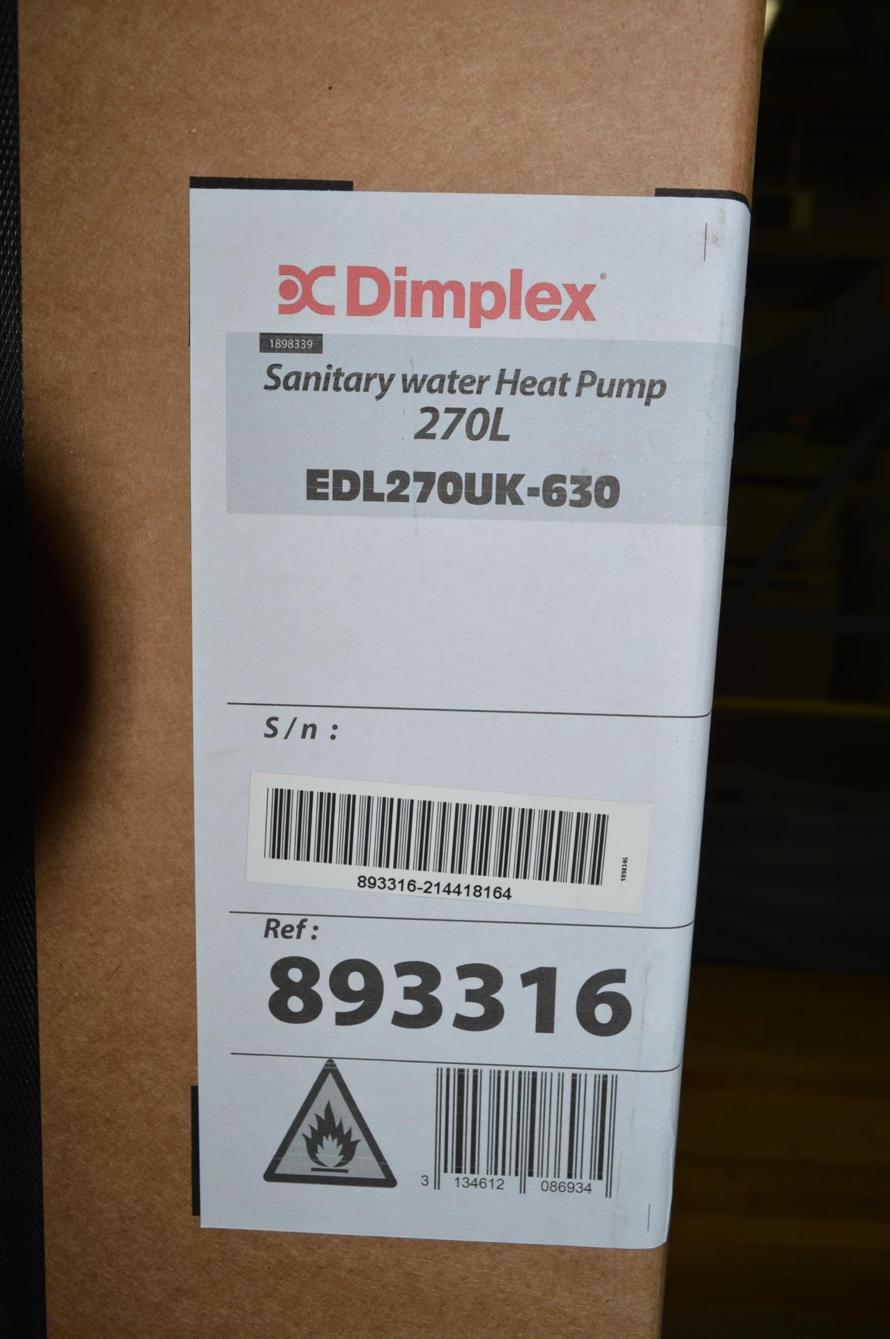 Dimplex, sanitary water heat pump, 270L, Model EDL270UK-630, Serial No. 893316-214418164 (packaged) - Image 2 of 2