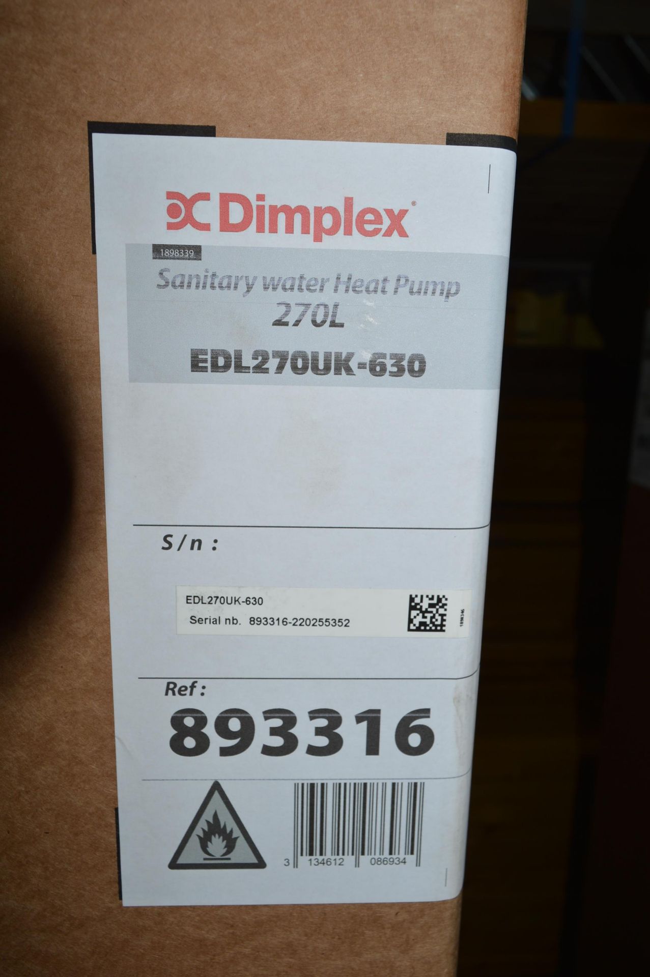 Dimplex, sanitary water heat pump, 270L, Model EDL270UK-630, Serial No. 893316-220255352 (packaged) - Image 2 of 2