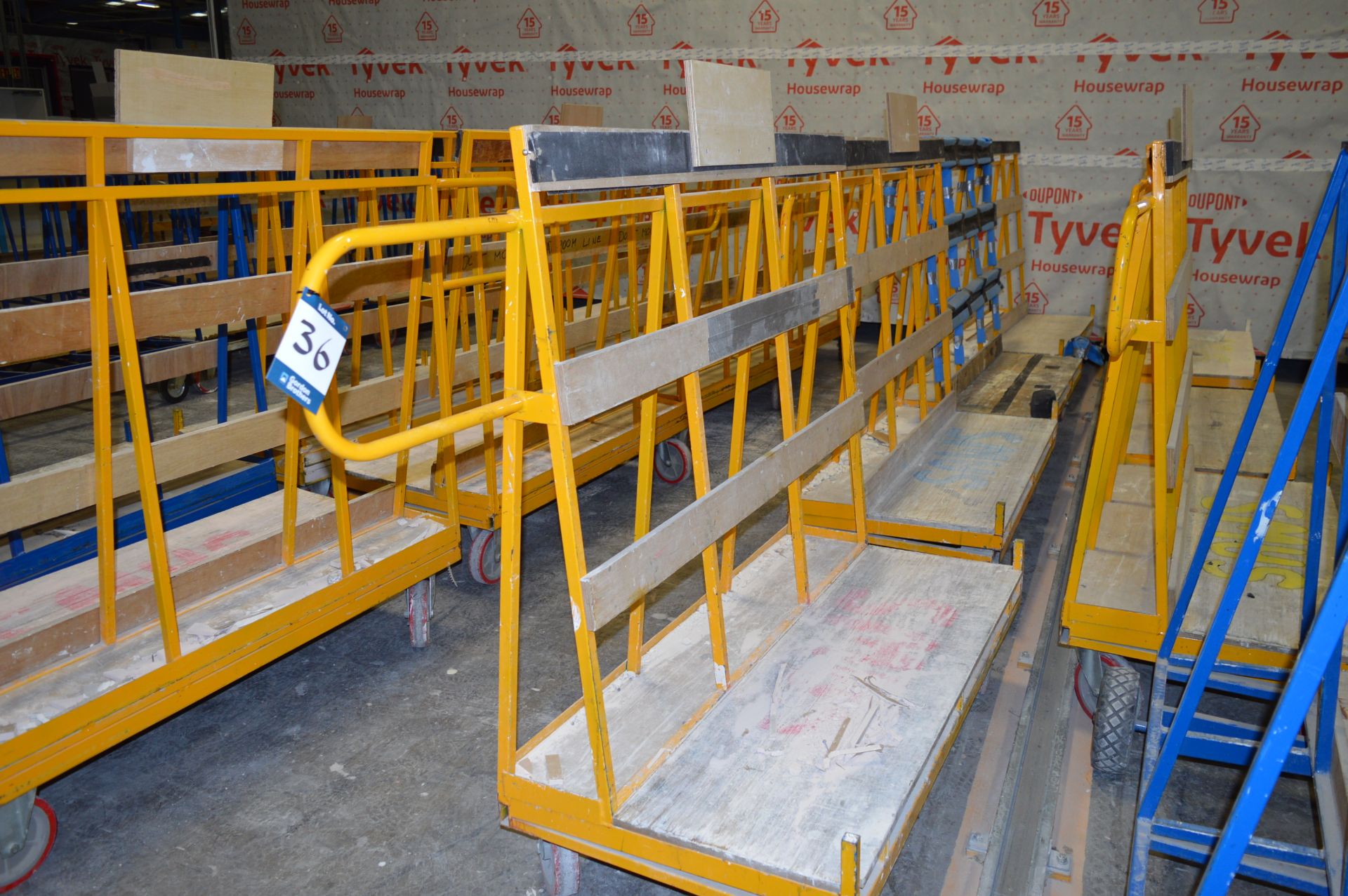 4x (no.) single sided workshop trolleys, each 1500mm x 700mm x 1500mm high