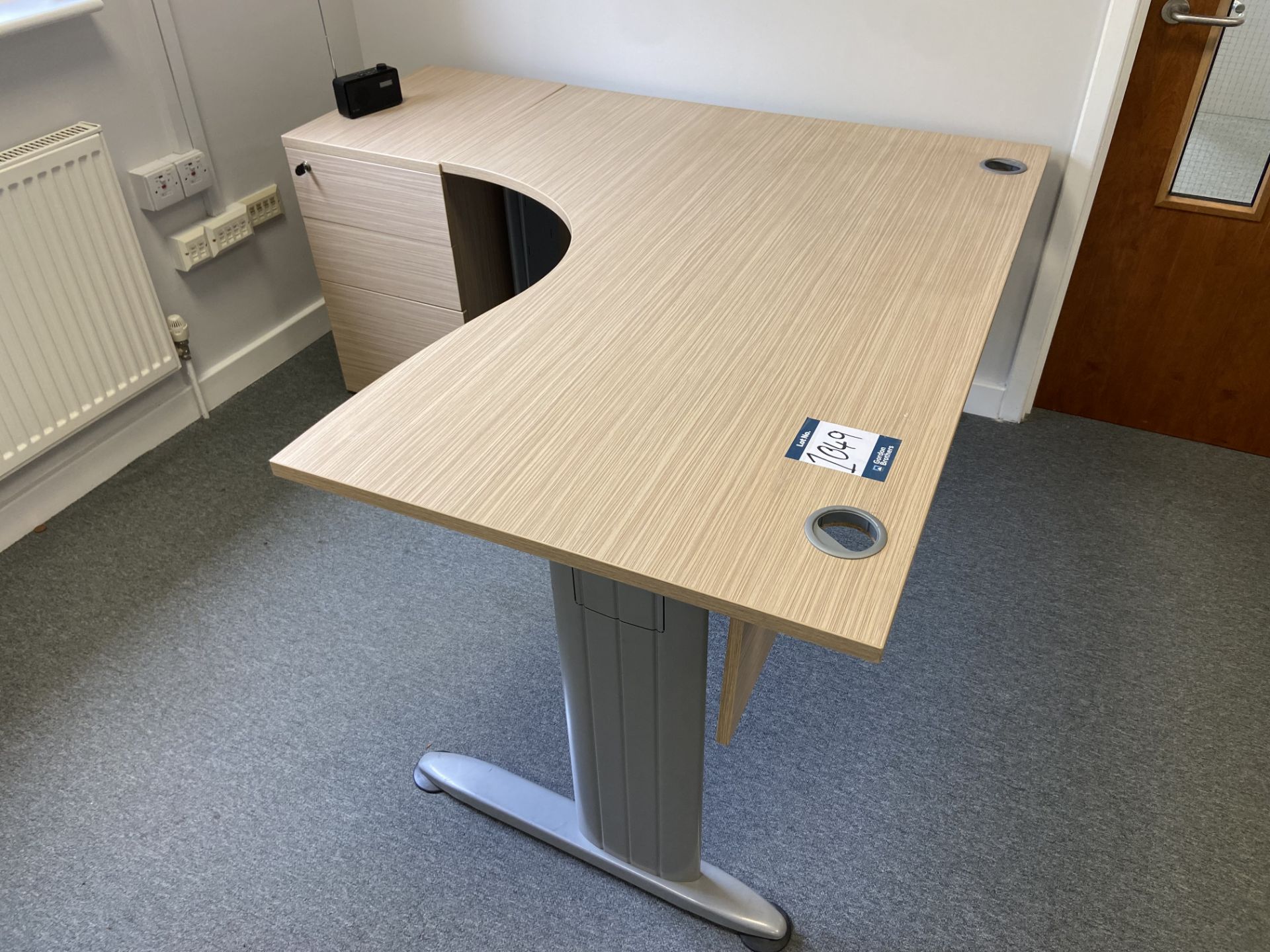 Lot comprisng: one corner desk, three 3 drawer high pedestals & one book case shelving unit (all