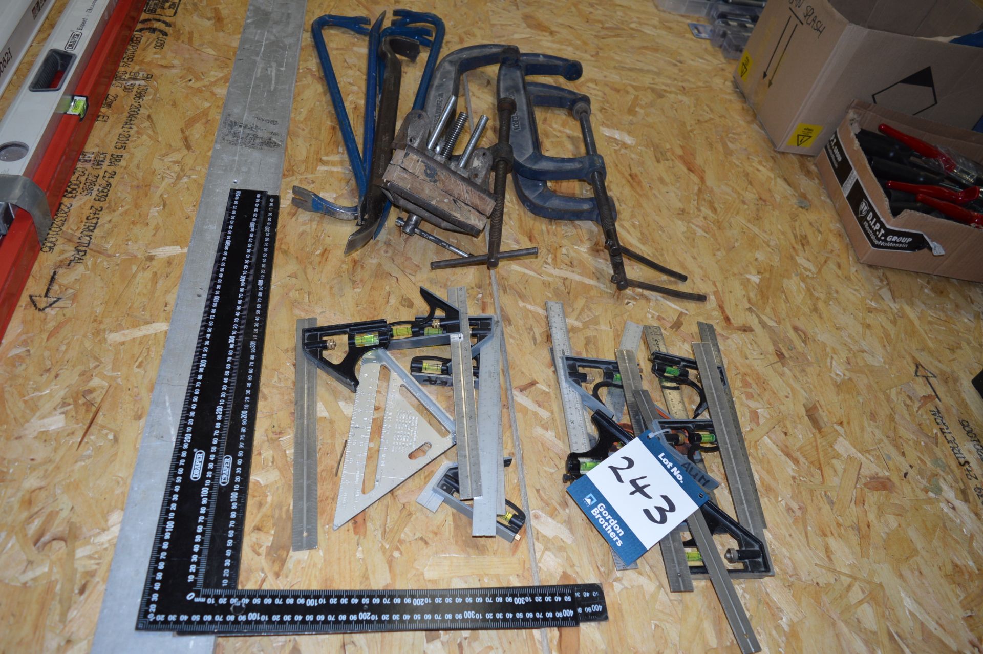 Quantity of hand tools including clamps, crow bars, squares, etc.