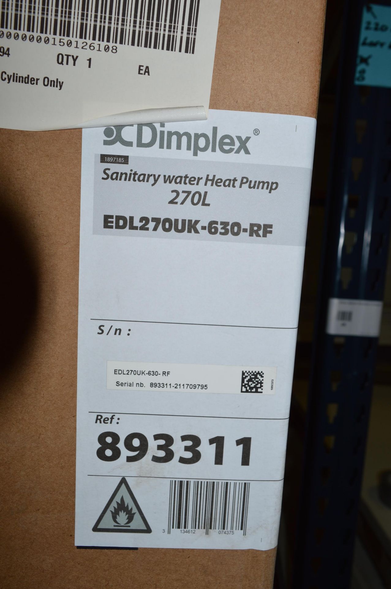 Dimplex, sanitary water heat pump, 270L, Model EDL270UK-630-RF, Serial No. 893311-211709795 ( - Image 2 of 2