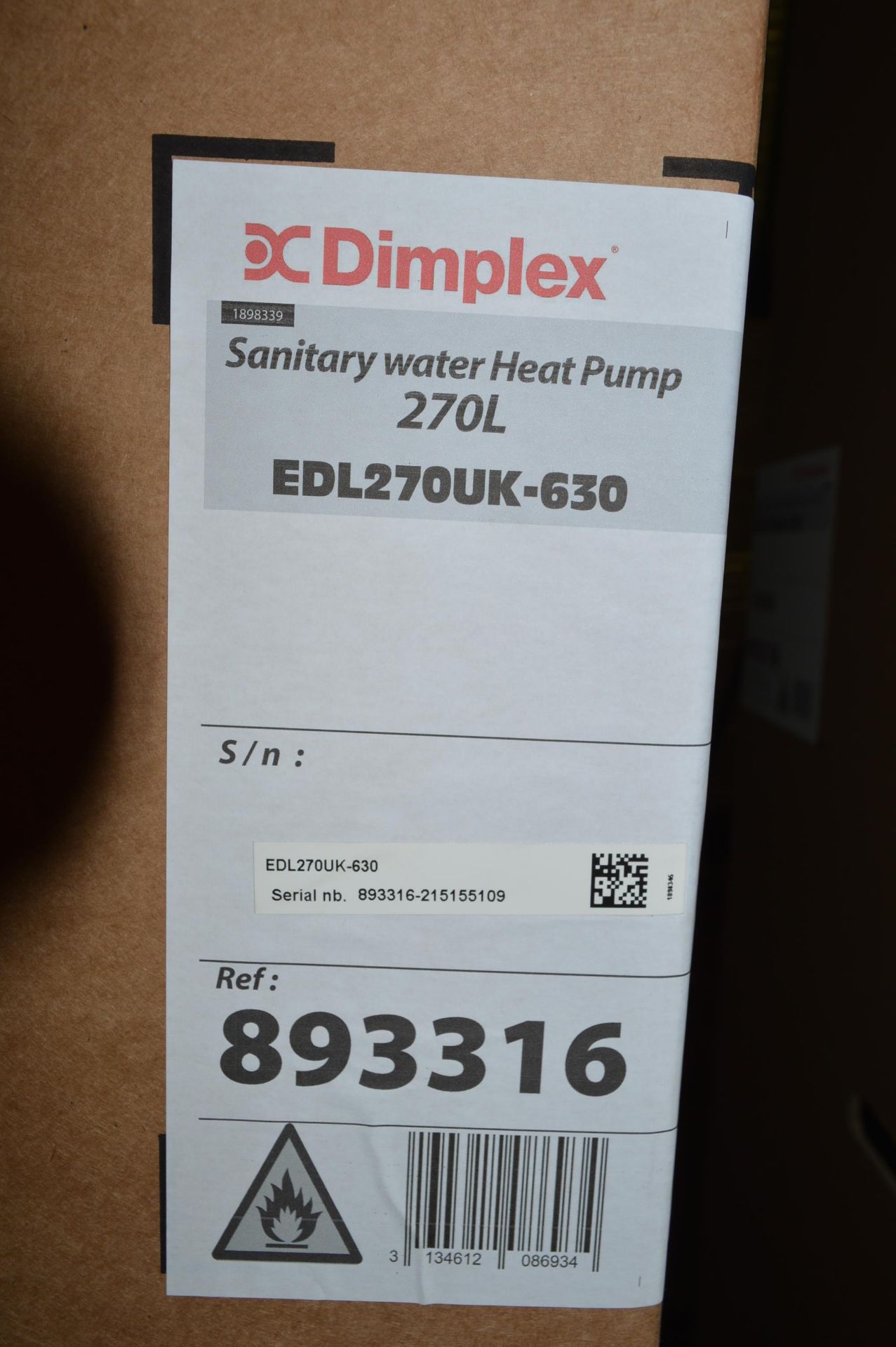 Dimplex, sanitary water heat pump, 270L, Model EDL270UK-630, Serial No. 893316-215155109 (packaged) - Image 2 of 2