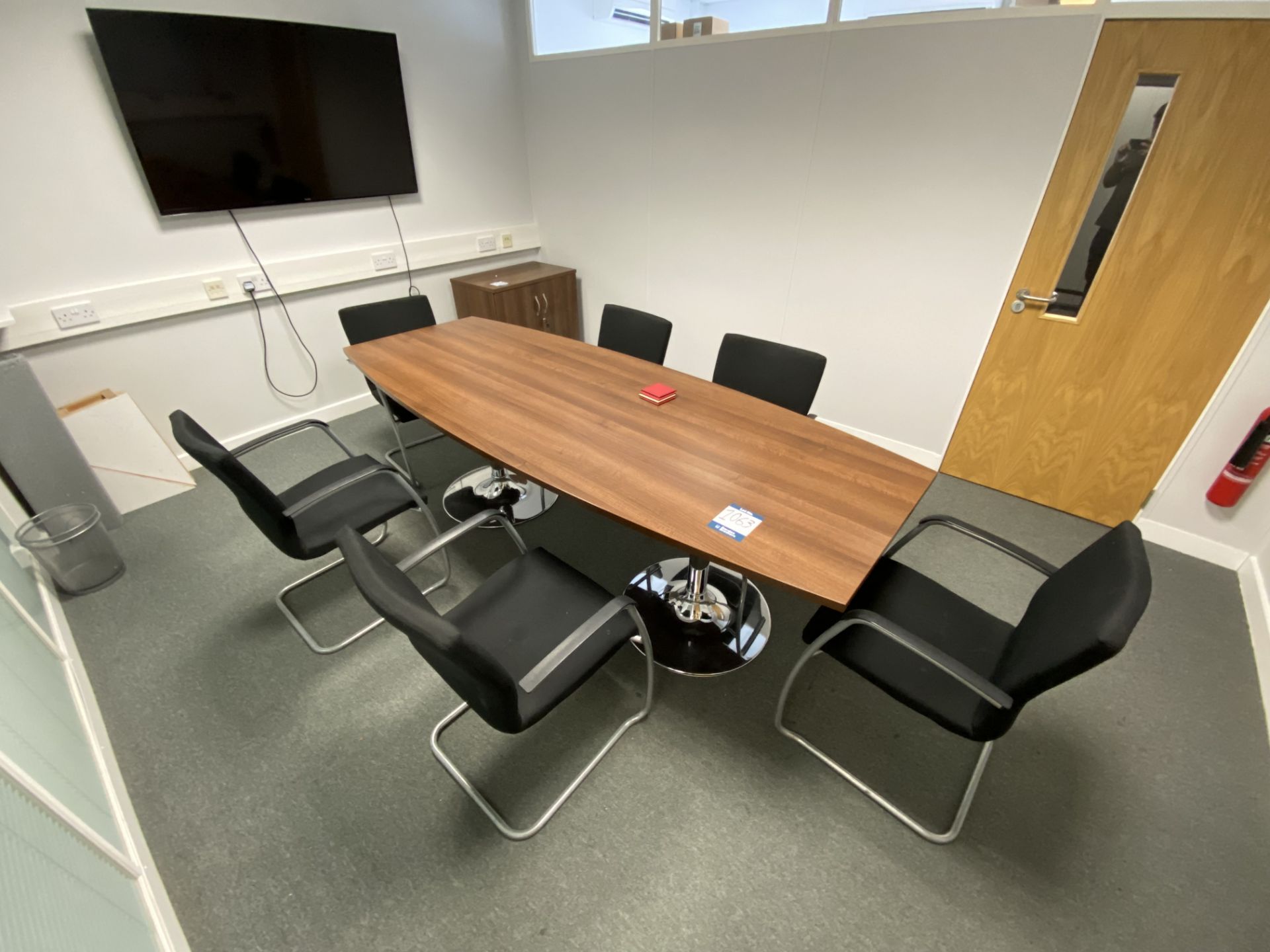 Lot comprisng: walnut veneer meeting table, six chairs & matching two door cupboard
