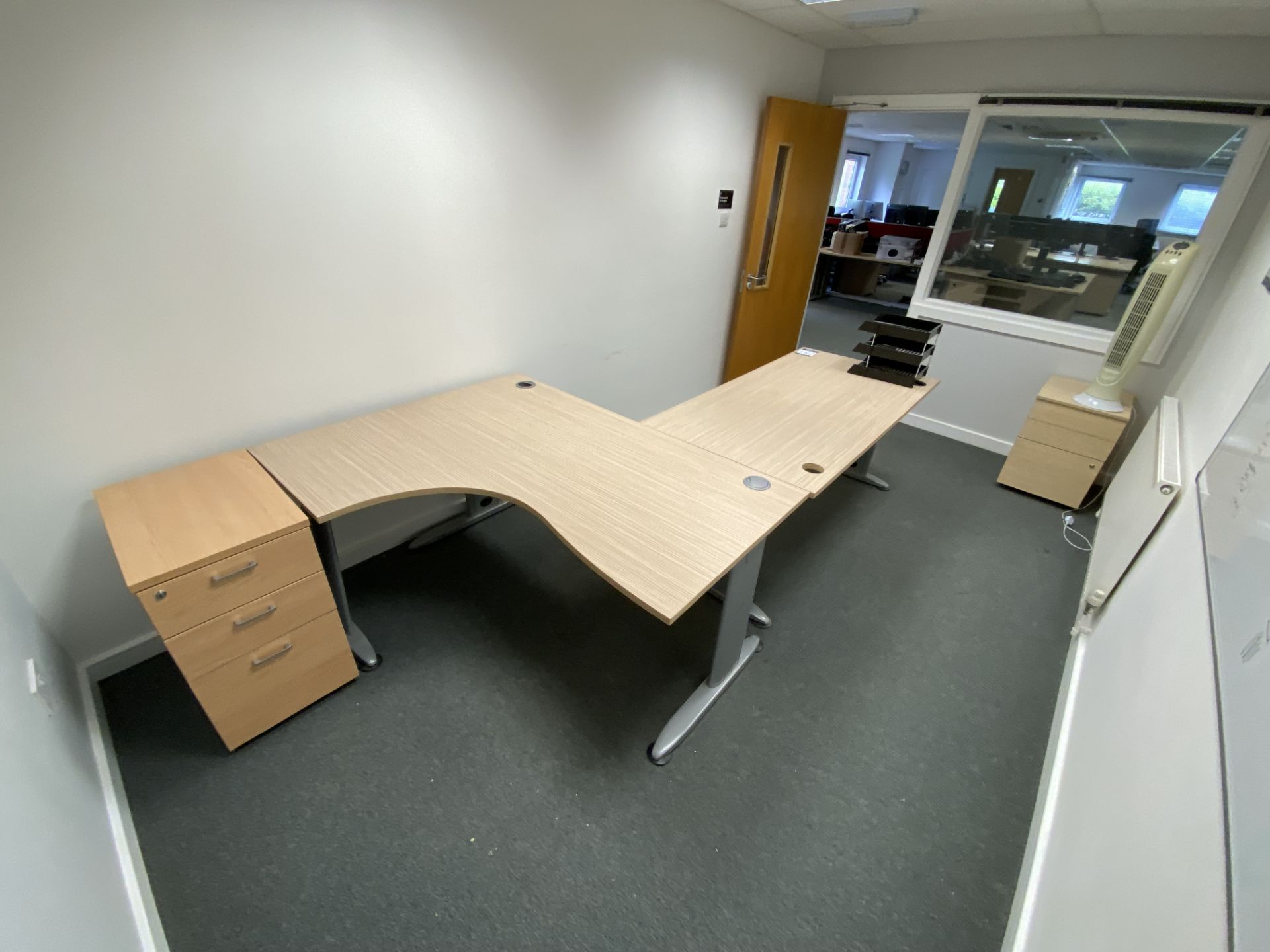 Lot comprisng: one corner desk, one rectangular desk & two 3 drawer high pedestals