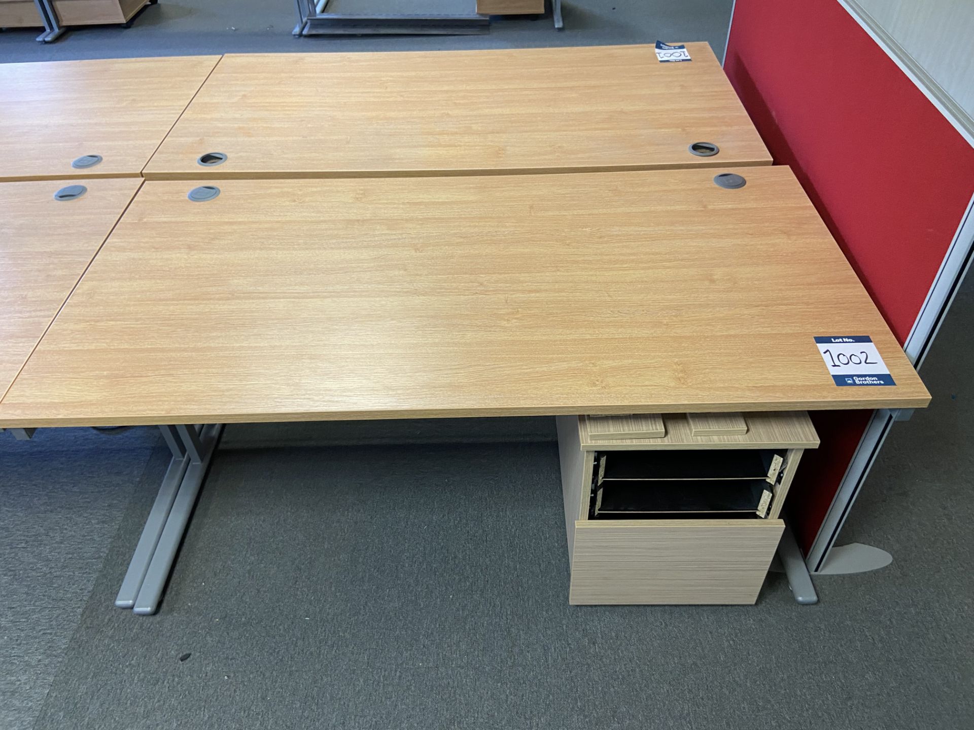 Lot comprisng: three rectangular desks, three 2 drawer mobile pedestals & one white 12 bin pigeon - Image 2 of 3