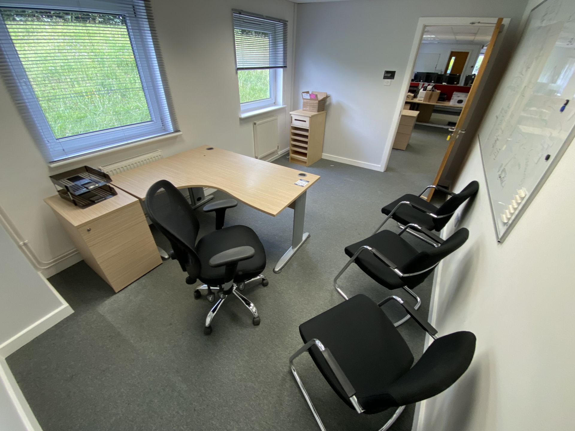 Lot comprisng: one corner desk, one 3 drawer high pedestal, one office chair, 3 meeting room - Image 3 of 3