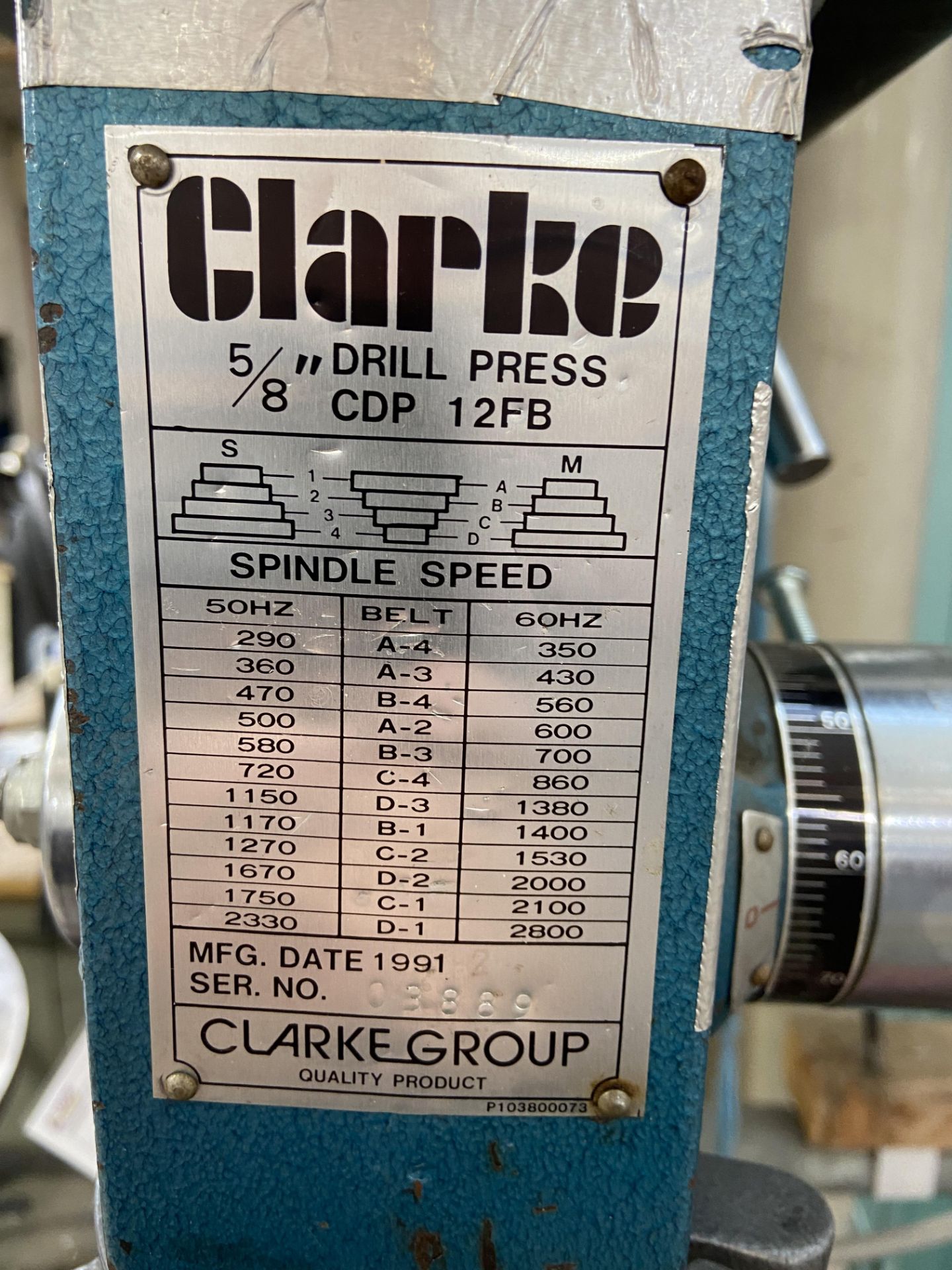 Clarke floor standing drill press 5/8", Model: CDP12FB, Serial No: 03889 (1991) - Image 4 of 4