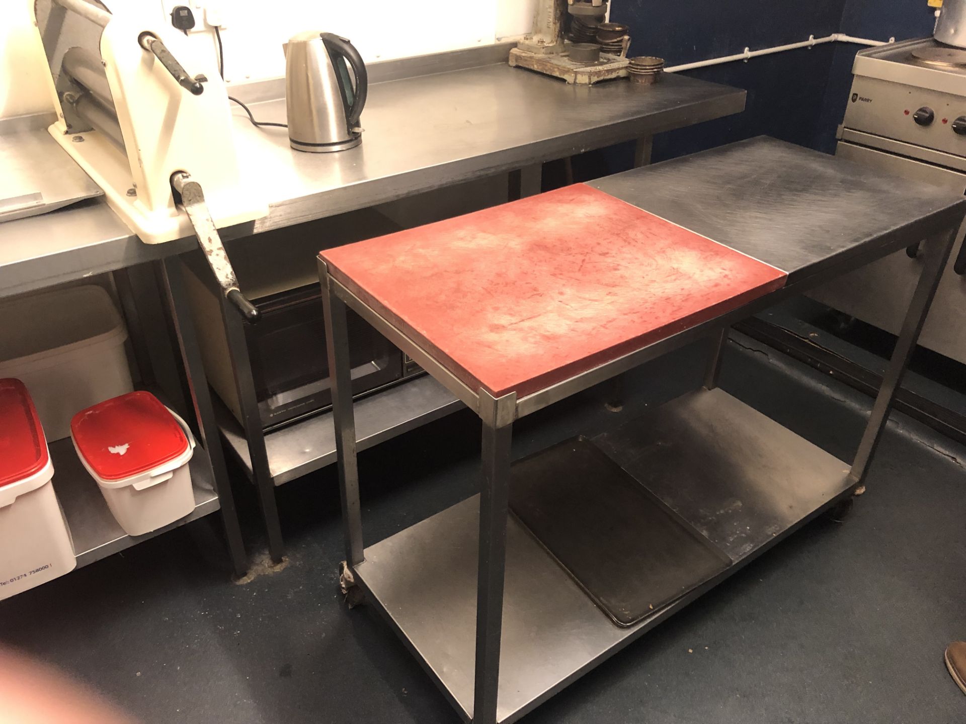 STAINLESS STEEL BENCH & CHOPPING BOARD - WHEELED BENCH 1200 x 500