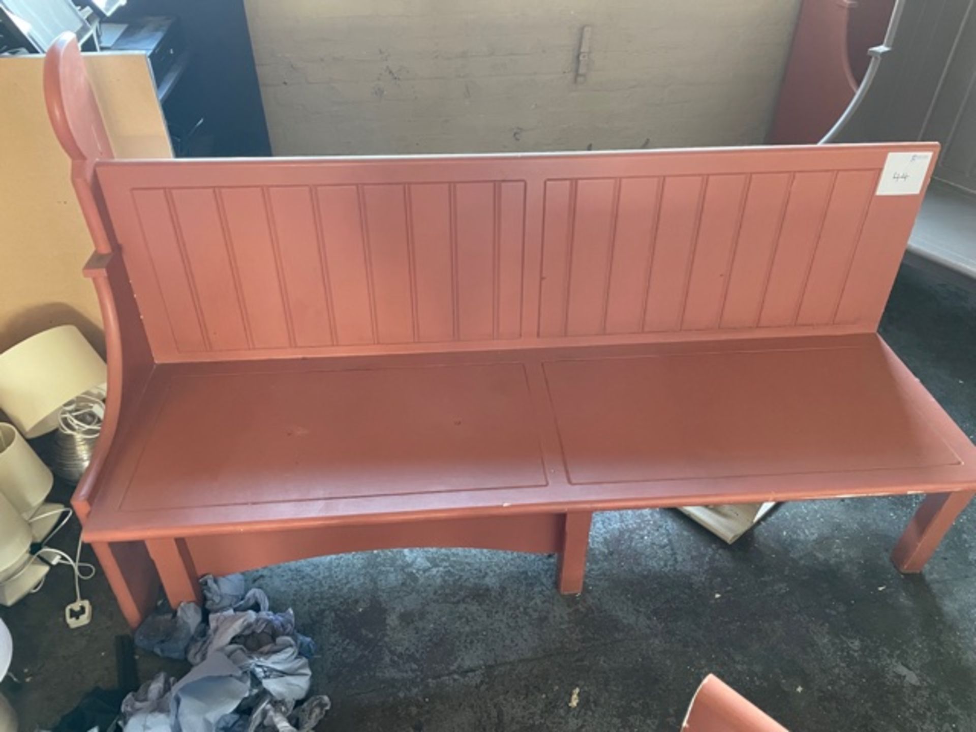 SALMON COLOURED PEW STYLED SEATING - approx 11 feet long