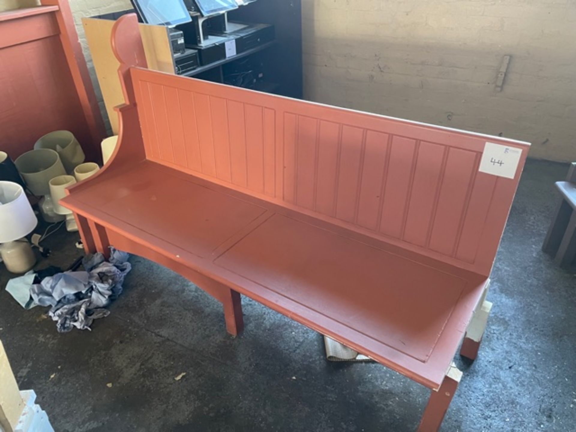SALMON COLOURED PEW STYLED SEATING - approx 11 feet long - Image 2 of 2