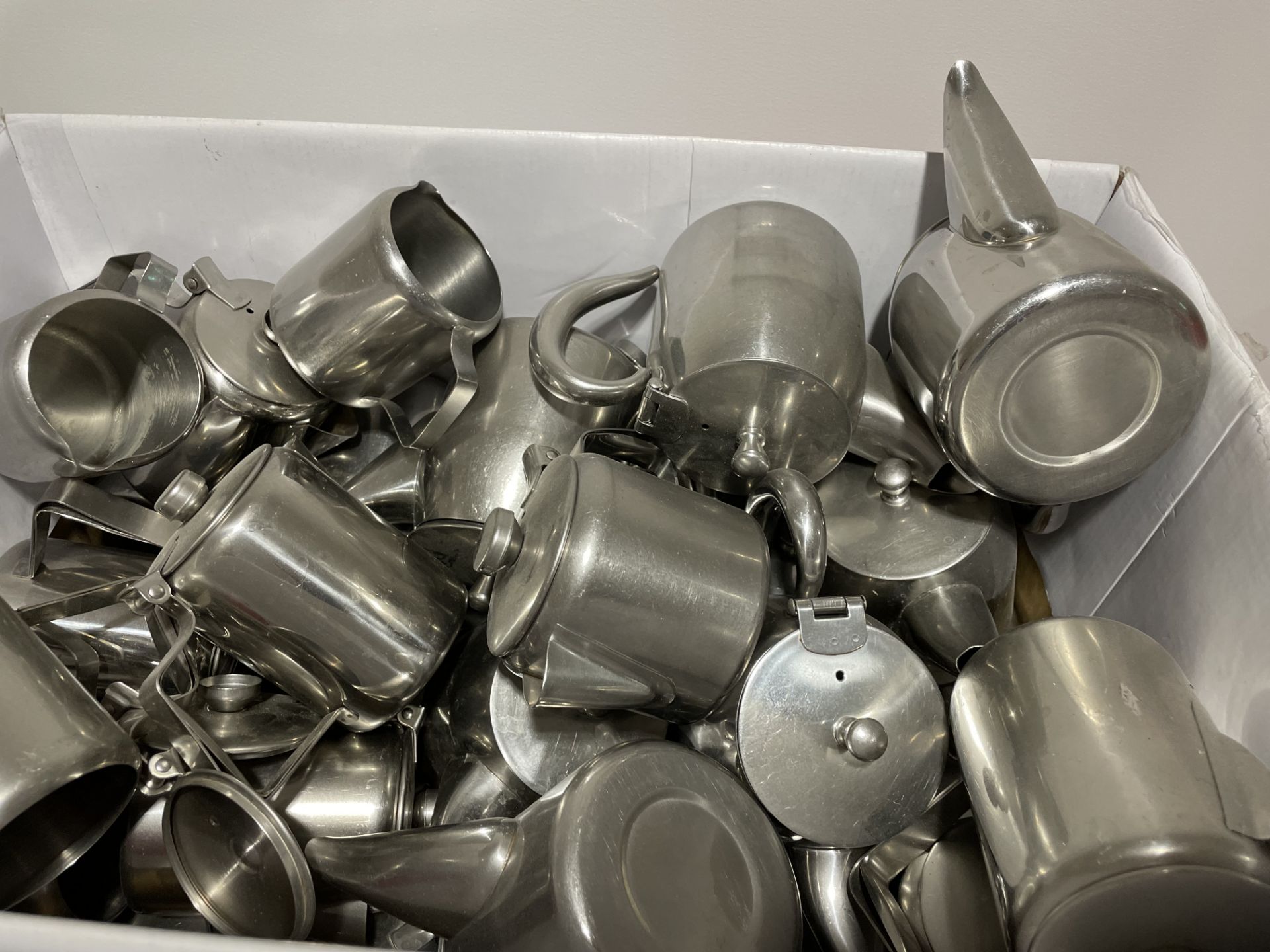 BOX OF APPROX. 30 STAINLESS STEEL TEA POTS