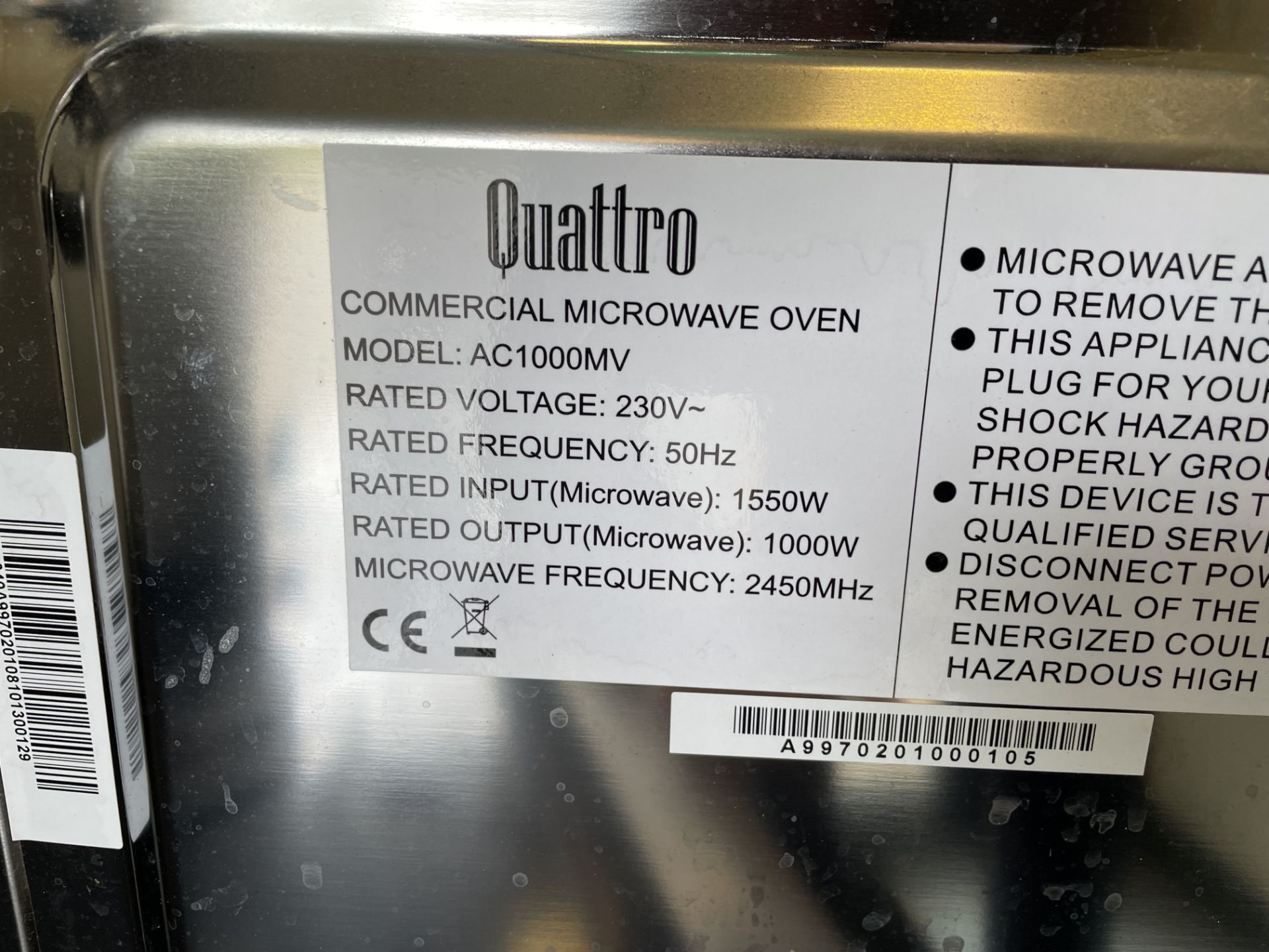 QUATTRO COMMERCIAL MICROWAVE - Model AC1000MV - Image 3 of 3