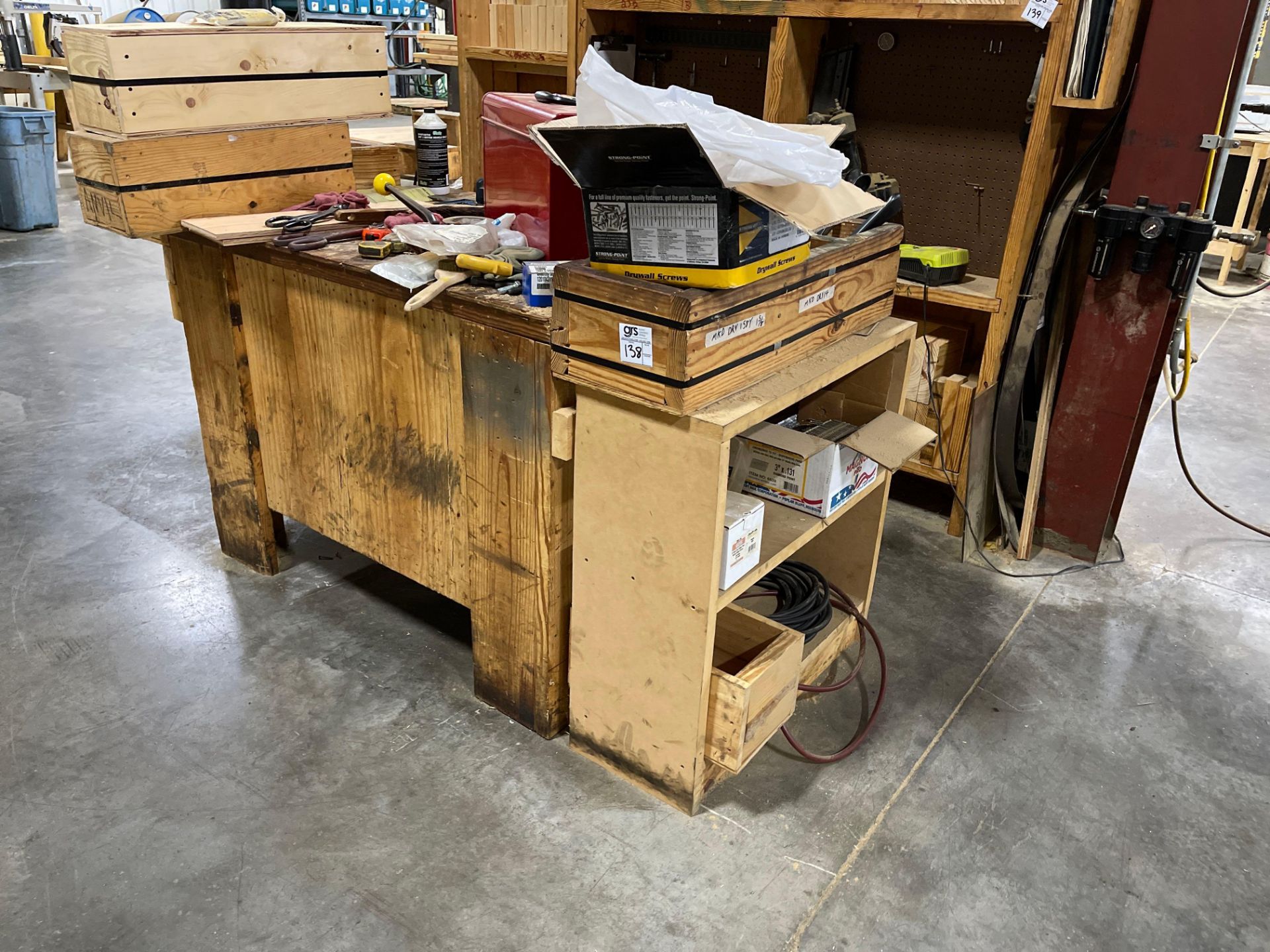 Wood Work Bench Strapping Station w/ Strapping Cart, Wood Crate and Contents