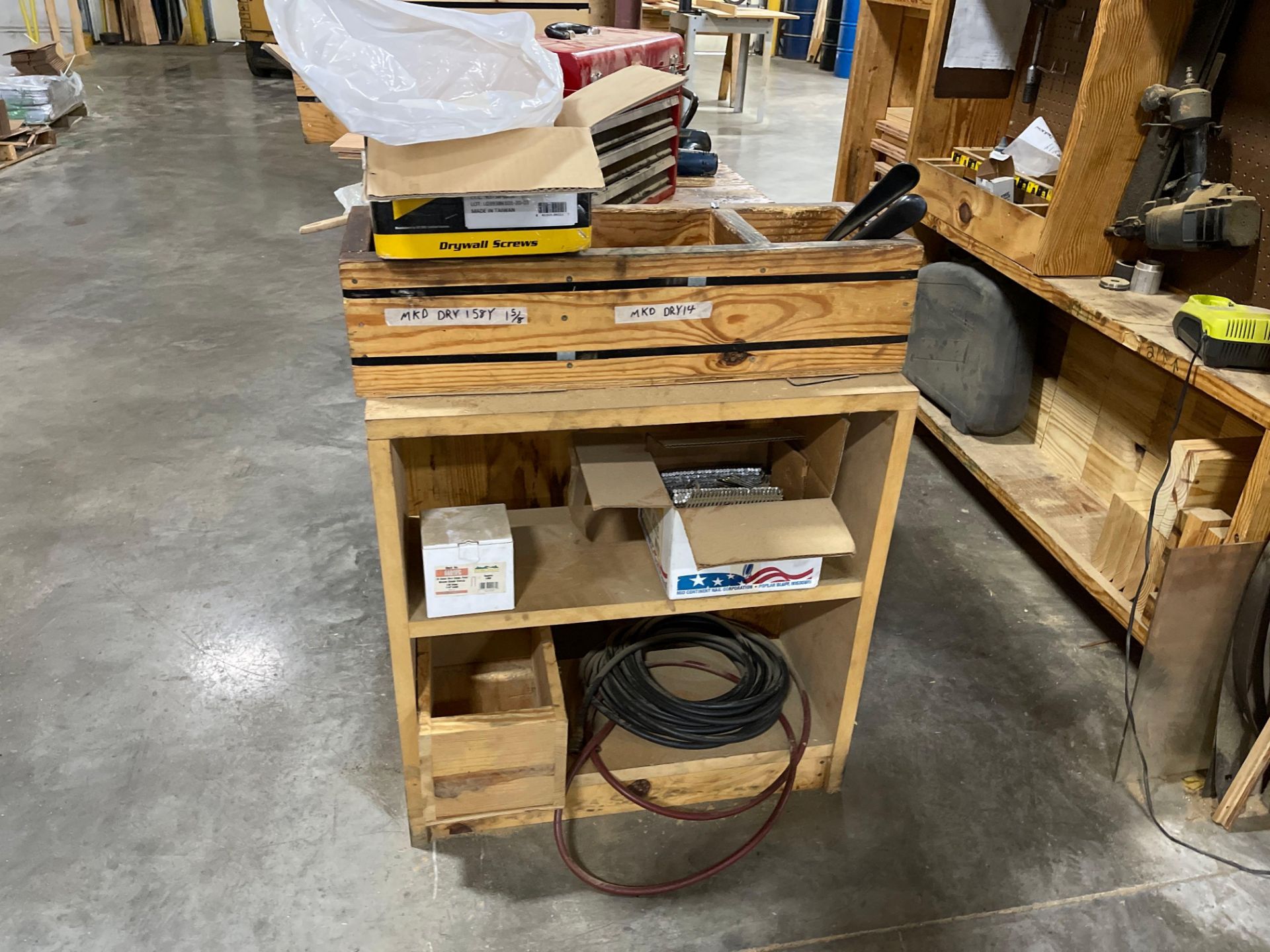 Wood Work Bench Strapping Station w/ Strapping Cart, Wood Crate and Contents - Image 2 of 6