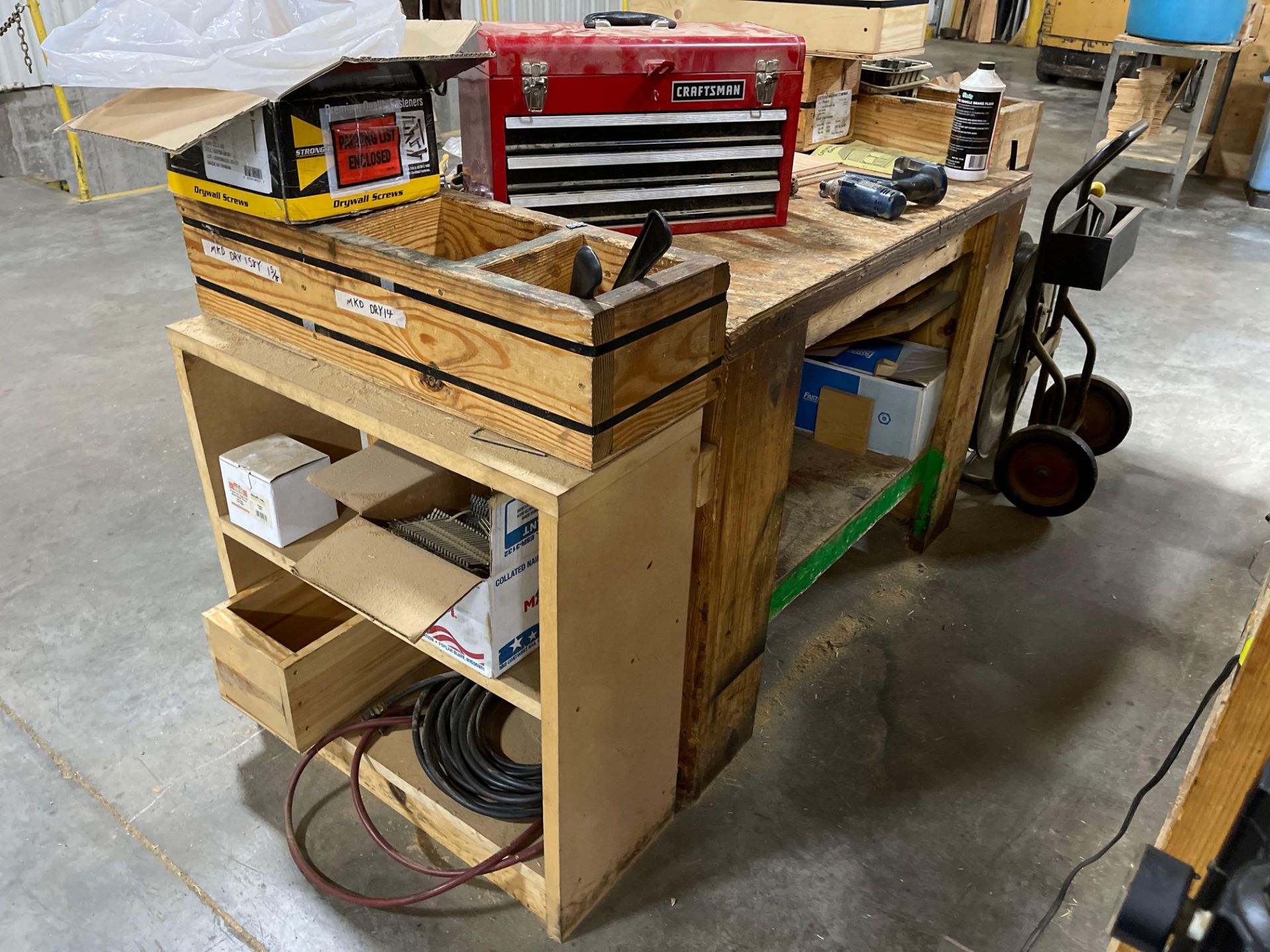 Wood Work Bench Strapping Station w/ Strapping Cart, Wood Crate and Contents - Image 3 of 6
