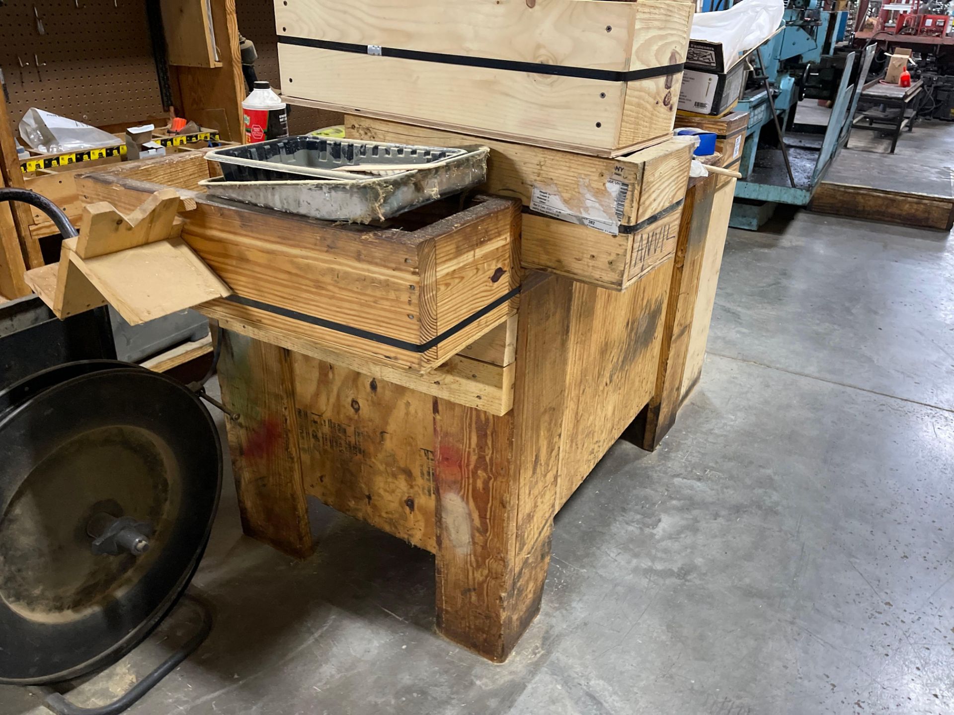 Wood Work Bench Strapping Station w/ Strapping Cart, Wood Crate and Contents - Image 4 of 6