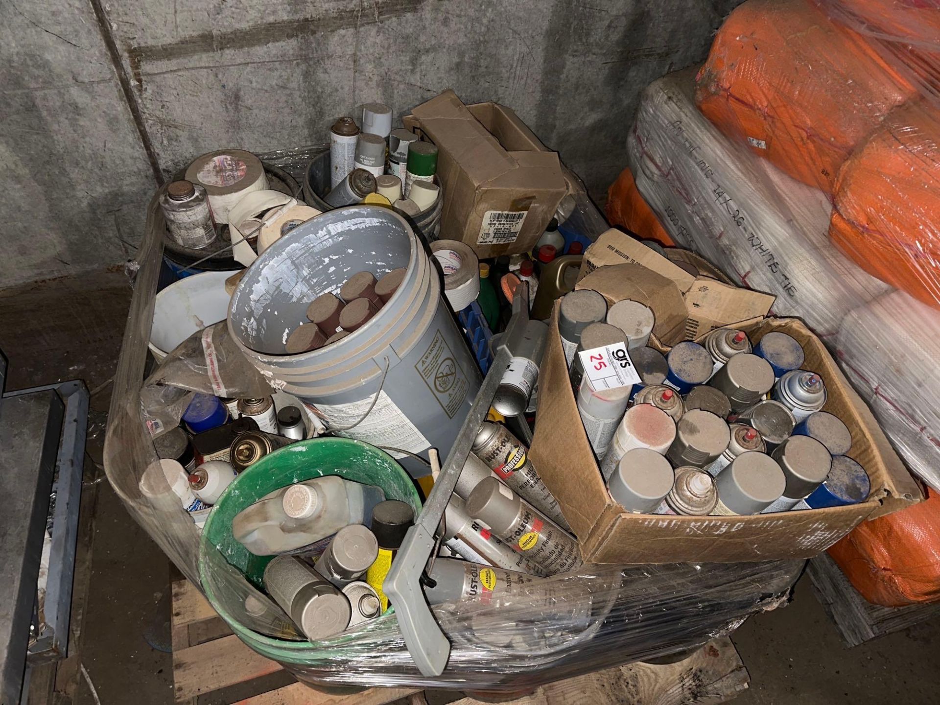 Pallet of Assorted Spray Paint Cans and Chemicals