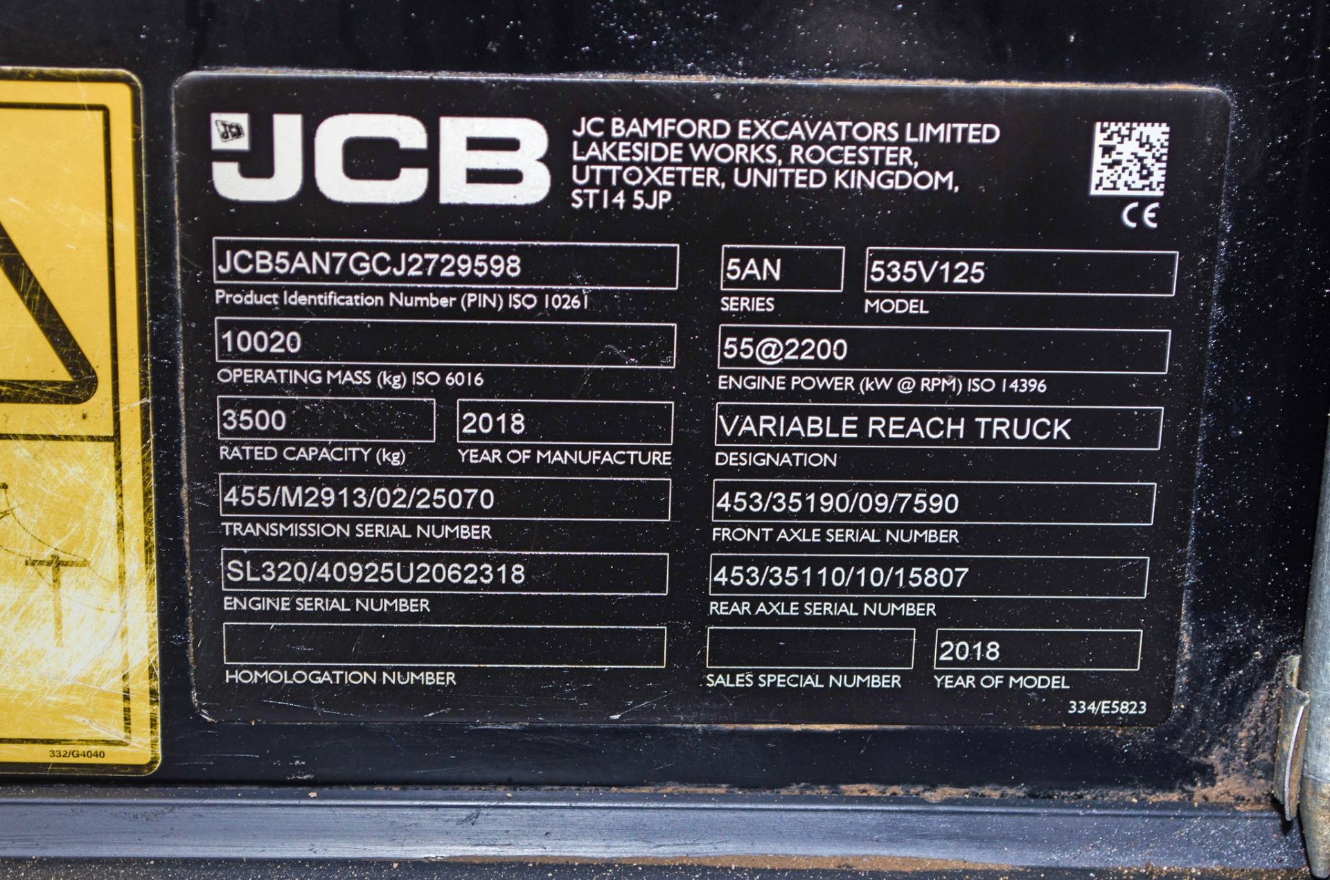 JCB 535-125 12.5 metre telescopic handler  Year: 2018  S/N: 2729598 Recorded Hours: 3799 - Image 22 of 22